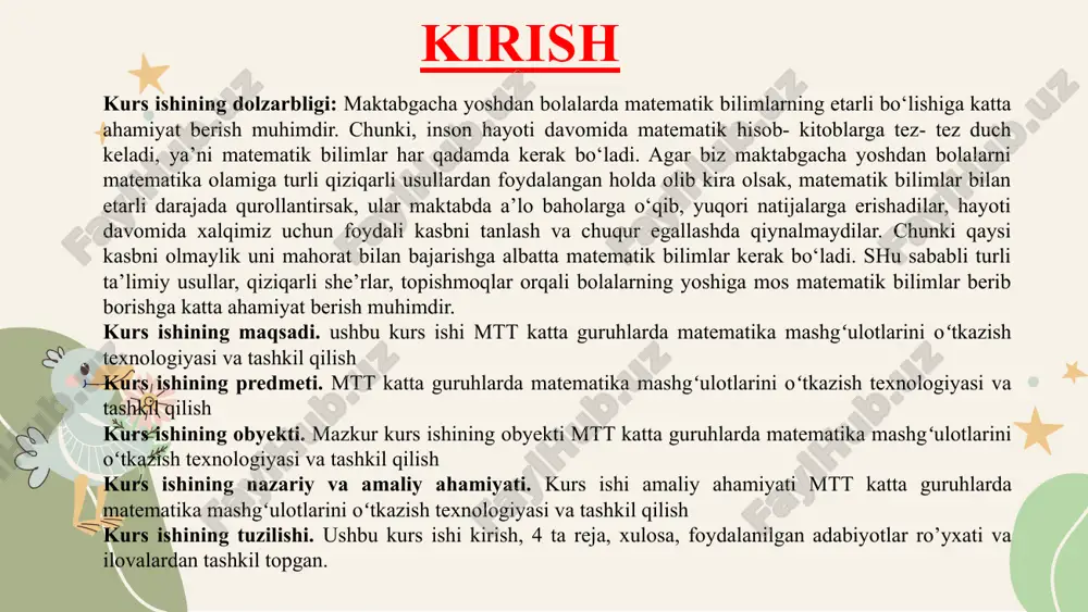 bilimlari mashg‘ulotdan mashg‘ulotga kengayadi, aniqlashtiriladi va mustahkamlanadi. dasturning bir bo‘limidan ikkinchi bo‘limiga o‘tishda o‘tilganlarni takrorlash, yangi bilimlarni o‘zlashtirilgan bilimlar bilan bog‘lashni ta’minlash katta ahamiyatga ega. yangi materialni o‘rganish jarayonida o‘tgan materialni takrorlash bolalarning bilimlarini chuqurlashtiribgina qolmay, balki ular e’tiborini yangi materialga qaratish, uning puxta o‘zlashtirilishiga imkon beradi. odatda yangi mavzuni uch-besh mashg‘ulot davomida, oldin uning birinchi qismida, keyinroq ikkinchi qismida o‘rganiladi. mavzuni ikki hafta, ba’zan uch hafta o‘tganidan keyin takrorlash kerak. eski materialga qaytish davri borgan sari dasturning har bir o‘rganilgan bo‘limi o‘quv yili oxiriga qadar tarbiyachining fikr doirasida bo‘lib turishi kerak. matematika mashg‘ulotlarida tarbiyachining nutqi matematika aniq fan, shu sababli o‘qitishda bolalar o‘z fikrlarini aniq va bog‘liqli bayon qilishni o‘rganishlari juda muhim. bolalar har doim tarbiyachining mantiqan ixcham, savodli nutqini eshitishlari kerak. tarbiyachilar ko‘pincha u yoki bu matematik atamani ishlatishganida «to‘plam», «miqdor», «son», «raqam», «kattalik», «shakl», «figura», «tomon» va h. k. tushunchalar orasidagi farqlarni oydin tasavvur qila olmaganlari tufayli …