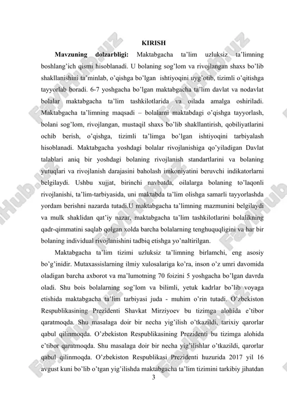 a qo‘llash. kurs ishining vazifalari: · maktabgacha yoshdagi bolalarga ta’lim berish metodlari va prinsiplari haqida ma’lumotlar to’plash. · mashg‘ulot - maktabgacha yoshdagi bolalarga ta’lim berishning asosiy shakli ekanligini nazariy jihatdan asoslash. · maktabgacha ta’lim tashkilotlarida ta’limiy-tarbiyaviy faoliyatni o‘rganish kusr ishining obyekti. kurs ishining obyekti maktabgacha yoshdagi bolalarga mashg’ulot o’tish jarayoni. kusr ishining predmeti. kurs ishining ishining predmeti maktabgacha yoshdagi bolalarga o’quv faoliyatlarini tashkil qilish usullari. kurs ishi materiallarining ilmiy va amaliy ahamiyati. kurs ishida asoslangan tavsiyalar, ilmiy qarashlardan tarbiyachilar ta’limiy-tarbiyaviy faoliyatlarni to’g’ri tashkil etishda foydalanishlari mumkin. kurs ishining tuzilishi: kirish, 4 reja, xulosa, foydalanilgan adabiyotlar ro‘yxati va ilovalardan iborat. 1. maktabgacha yoshdagi bolalarga ta’lim berish metodlari va prinsiplari “o‘zbekiston respublikasida maktabgacha ta’lim to‘g‘risida”gi nizomga muvofiq bola maktabgacha ta’limni oilada, maktabgacha ta’lim tashkilotlarida oladi. mttda ta’lim-tarbiyani tarbiyachi-pedagoglar amalga oshiradi. tarbiyachi-pedagoglar o‘z faoliyatlarida maktabgacha ta’lim yoshidagi bolalarni har tomonlama kamol toptirish yo‘lida amaliy harakatlarni tashkil etish bilan birga ularning estetik tarbiyasiga alohida …