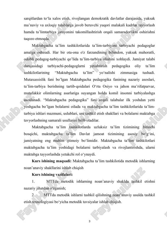 tashkilotlari oila va jamiyatning bolalarga g‘amxo‘rlik qilish, milliy hamda mintaqa xususiyatlarini hisobga olgan holda bolalarni har tomonlama barkamol qilib tarbiyalash va rivojlantirishga bo‘lgan ehtiyojni qondirish maqsadida tashkil etiladi. tashkilotlar mustaqil ravishda, o‘z tashabbusi bilano‘z faoliyatiga taalluqli, agar ular qonunchilikka va pedagogik prinsip-larga mone’lik qilmasa har qanday qaror qabul qilishga haqlidir. maktabgacha ta’lim tashkilotlari tarbiyaviy-ta’limiy ishlar sifati, bolalar va otaonalar huquqiga jamiyat hamda davlat manfaatlariga rioya qilish uchun mas’uldir. tashkilotlarning mehnat jamoasi xalqchillik asosida o‘z-o‘zini boshqarish prinsipiga muvofiq jamiyat faoliyati bilan bog‘liq bo‘lgan masalalarni hal qiladi. maktabgacha ta'lim tashkilotlarining asosiy tiplari quyidagi-lardan iborat: yaslilar; yasli-bog’chalar; g) bog’chalar; maktab-bog’chalar. maktabgacha ta’lim tashkiloti uzluksiz ta’lim tizimining birinchi turi, ya’ni dastlabki bosqichidir. bugungi kunda davlatimiz uzluksiz ta’lim tizimi oldiga ma’naviy yetuk erkin fikrlaydigan va intellektual, salohiyatli barkamol avlodni shakllantirishdek muhim vazifani qo’ymoqda. bu muhim vazifani bajarishning dastlabki bosqichi maktabgacha ta’lim tashkilotsalari (mtt)da amalga oshiriladi va unda ijodkor, ijtimoiy faol, ma’naviy jihatdan boy shaxsni shakllantirishga …