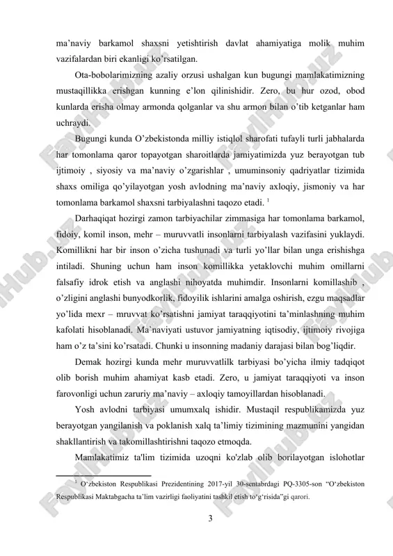 qiyati ko'p jihatdan xalqning bilim darajasi va dunyoqarashiga bog'liq. maktabgacha ta'lim konsepsiyasida: maktabgacha ta'iimning tarkibi va mazmunini qayta ko'rib chiqish, mustaqil fikrlaydigan yosh avlodni, o'zbekxalqining milliy an'analari, qadriyatlari, xalq ijodiyotining o'ziga xosligi, tilda o'z aksini topuvchi tafakkur xususiyatlari xalq pedagogikasining ulkan tajribasi oiladagi o'zaro munosabat, milliy o'z-o'zini anglash, boshqa xalq madaniyatidagi ijobiy xususiyatlarini uyg'unlashtirish masalalari, maktabgacha va oila ta'limida hal etilmoqda. maktabgacha ta'lim bola sog'lom, har tomonlama kamol topib shakllanishini ta'minlaydi, unda o'qishga intilish hissini uyg'otadi, uni muntazam ta'lim olishga tayyorlaydi. maktabgacha ta'lim bola 6-7 yoshga yetgunicha davlat va nodavlat maktabgacha ta'lim tashkilotlarida hamda oilalarda amalga oshiriladi. kurs ishi maqsadi: maktabgacha tarbiya yoshdagi bolalar faoliyatidan tashkil etishda tarbiyachining o’rni va ahamiyatini o’rganish. kurs ishi vazifasi: maktabgacha yoshdagi bolalarga ta’lim berish jarayonini takomillashtirishning asosiy vazifalaridan biri bo’lajak pedagogning ilmiy va uslubiy ta’minlanganligini, uning tayyorgarligini oshirishdan iborat. kurs ishi metodi: kuzatish, ma’lumtlar to’plash,tahlil qilish. kurs ishi ob’yekti: maktabgacha yoshdagi mtt tarbiyalanuvchilari va …