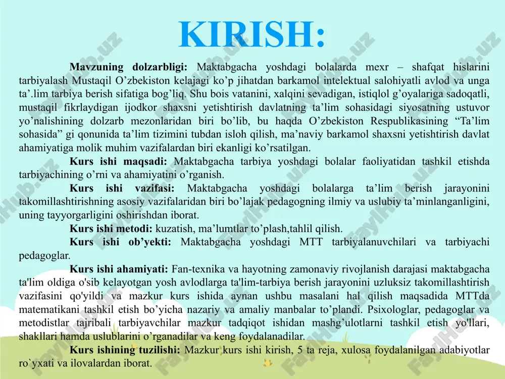ni anglashga ta'lim - tarbiya ishlarini hal etishga ijodiy yondoshishga o‘z maxoratini doimo faollashtirib bori shva hamkasblarning ishdagi o‘sishga ko‘maklashuviga yordam beradi. tarbiyachi o‘zi yashab turgan o‘lka xayotini bilishi tabiat va jamiyat omillarini tushunishi ijtimoiy faol bo‘lishi kerak. respublikamiz rahbariyati pedagoglar faoliyatini yuqori baholamoqda. ma'lumki uzbekiston respublikasi prezidenti farmoniga binoan oktyabr oyining halq ta'limi hodimlari – o‘qituvchi murabbiylar kuni deb e'lon qilindi. bu voqyea davlatimizni o‘qituvchilarni jamiyatda tutgan o‘rni naqadar yuksakligidan dalolat beradi. karimov i.a. yuksak ma’naviyat – yengilmas kuch. –t.: “ma’naviyat”, xalq san'ati, musiqa, ashula, adabiyot, tasviriy san'atni bilish, san'atga muhabbat tarbiyachini madaniyatli qiladi, bolalar bilan olib boradigan ishida yordam beradi. pedagog kerakli bilim, malaka va ko‘nikmalarni ma'lumbir izchillik bilan egallab borsagina bolalarni tarbiyalash va ularga ta'lim berish ishida yaxshi natijalarga erishadi. tarbiyachi o‘z kasbining mohir ustasi bo‘lish uchun maxsus tayyorgarlik ko‘rishi kerak. u quyidashi shartlarga amal qilishi kerak: 1. pedagog yosh avlodni tarbiyalash uchun yuqori ma'lumotli, kerakli bilimlarni …