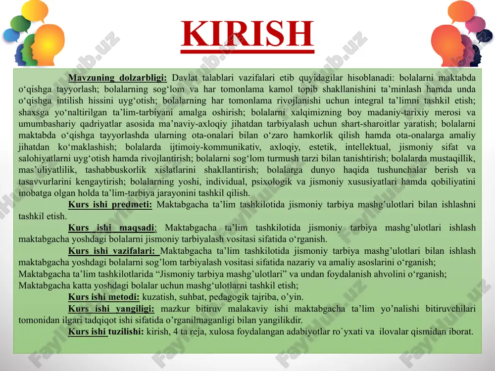 hishga, harakat ko‘nikmalarini shakllantirishga va jismoniy sifatlarni rivojlantirishga, jismoniy tarbiya mashg‘ulotlari, ertalabki badantarbiya, harakatli uyin, shuningdek jismoniy tarbiya ishini rejalashtirish va hisobga olishga katta e’tibor beradi. jismoniy tarbiya metodikasining asosiy tushunchalari jismoniy rivojlanish. jismoniy tayyorligi. jismoniy kamolot. jismoniy tarbiya. jismoniy tayyorgarlik. jismoniy ta’lim. jismoniy mashqlar. harakat faoliyati. sport. jismoniy madaniyat. jismoniy harakatlar. bolalarga jismoniy ta’lim va tarbiya berish jarayonida quyidagi didaktik-ta’limiy tamoyillar qo‘llaniladi: -tizimlilik va izchillik, -ta’limning ko‘rgazmali og‘zaki va amaliy usullarini birga qo‘shib olib borish; -tushunarlilik va individuallashtirish tamoyili; -ta’limning frontal, gruh va yakka tarzdagi shakllarini birligi; -talablarni tobora oshirib borish tamoyili. -onglilik, mustaqillik va ijodiy faollik, jismoniy tarbiya tamoyillari. ta’limning ko‘rgazmali, og‘zaki va amaliy usullarini birgalikda qo‘shib olib borish tamoyili. og‘zaki metodga oid usullari. harakatlarga o‘rgatishdagi og‘zaki usullar quyidagilarda ifodalanadi: bayon etish va tushuntirish – bunda bolalarga ulardagi mavjud hayotiy tajriba tasavvurga tayangan holda yangi harakatlarni aniq, qisqa bir vaqtda tushuntiriladi. sharhlash usuli – harakatlarni aniq ko‘rsatish yoki …
