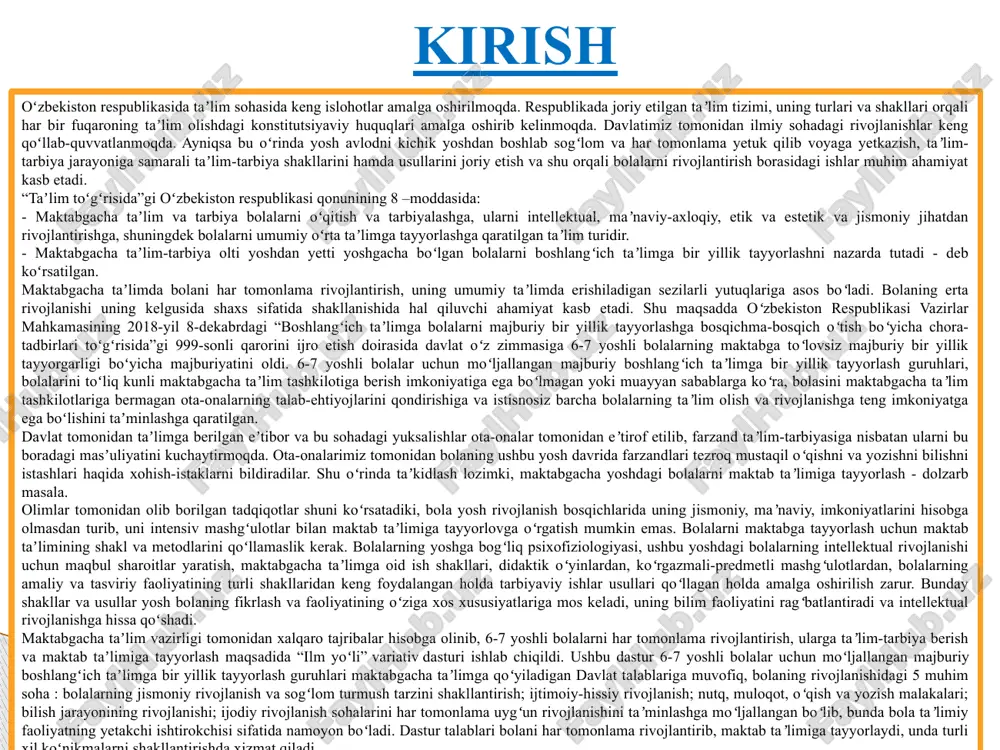 irilish zarur. bunday shakllar va usullar yosh bolaning fikrlash va faoliyatining oʻziga xos xususiyatlariga mos keladi, uning bilim faoliyatini ragʻbatlantiradi va intellektual rivojlanishga hissa qoʻshadi. maktabgacha taʼlim vazirligi tomonidan xalqaro tajribalar hisobga olinib, 6-7 yoshli bolalarni har tomonlama rivojlantirish, ularga taʼlim-tarbiya berish va maktab taʼlimiga tayyorlash maqsadida “ilm yoʻli” variativ dasturi ishlab chiqildi. ushbu dastur 6-7 yoshli bolalar uchun moʻljallangan majburiy boshlangʻich taʼlimga bir yillik tayyorlash guruhlari maktabgacha taʼlimga qoʻyiladigan davlat talablariga muvofiq, bolaning rivojlanishidagi 5 muhim soha : bolalarning jismoniy rivojlanish va sogʻlom turmush tarzini shakllantirish; ijtimoiy-hissiy rivojlanish; nutq, muloqot, oʻqish va yozish malakalari; bilish jarayonining rivojlanishi; ijodiy rivojlanish sohalarini har tomonlama uygʻun rivojlanishini taʼminlashga moʻljallangan boʻlib, bunda bola taʼlimiy faoliyatning yetakchi ishtirokchisi sifatida namoyon boʻladi. dastur talablari bolani har tomonlama rivojlantirib, maktab taʼlimiga tayyorlaydi, unda turli xil koʻnikmalarni shakllantirishda xizmat qiladi. maktabgacha yoshdagi bolalarni maktab ta’limiga tayyorlashning mazmun-mohiyati har qanday pedagog hech qanday vositalardan foydalanmay, bolani maktabga tayyorgarligini …