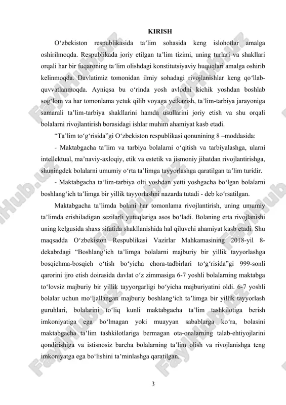 oitlar yaratish, maktabgacha taʼlimga oid ish shakllari, didaktik oʻyinlardan, koʻrgazmali-predmetli mashgʻulotlardan, bolalarning amaliy va tasviriy faoliyatining turli shakllaridan keng foydalangan holda tarbiyaviy ishlar usullari qoʻllagan holda amalga oshirilish zarur. bunday shakllar va usullar yosh bolaning fikrlash va faoliyatining oʻziga xos xususiyatlariga mos keladi, uning bilim faoliyatini ragʻbatlantiradi va intellektual rivojlanishga hissa qoʻshadi. maktabgacha taʼlim vazirligi tomonidan xalqaro tajribalar hisobga olinib, 6-7 yoshli bolalarni har tomonlama rivojlantirish, ularga taʼlim-tarbiya berish va maktab taʼlimiga tayyorlash maqsadida “ilm yoʻli” variativ dasturi ishlab chiqildi. ushbu dastur 6-7 yoshli bolalar uchun moʻljallangan majburiy boshlangʻich taʼlimga bir yillik tayyorlash guruhlari maktabgacha taʼlimga qoʻyiladigan davlat talablariga muvofiq, bolaning rivojlanishidagi 5 muhim soha : bolalarning jismoniy rivojlanish va sogʻlom turmush tarzini shakllantirish; ijtimoiy-hissiy rivojlanish; nutq, muloqot, oʻqish va yozish malakalari; bilish jarayonining rivojlanishi; ijodiy rivojlanish sohalarini har tomonlama uygʻun rivojlanishini taʼminlashga moʻljallangan boʻlib, bunda bola taʼlimiy faoliyatning yetakchi ishtirokchisi sifatida namoyon boʻladi. dastur talablari bolani har tomonlama rivojlantirib, …