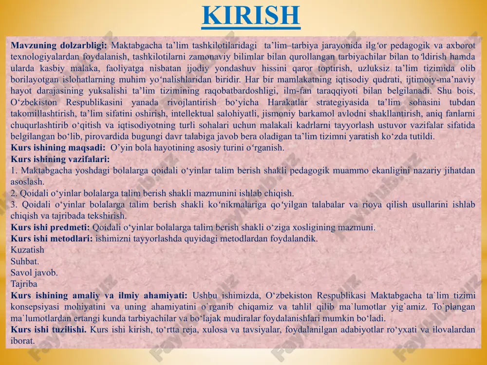 namaydi, bitta o'zi o'ynasa ham u o'yinchoq bilan gaplashadi, o'zi tasvirlayotgan qahramon bilan muloqot o'rnatadi, onasi, bemor, shifokor xullas hamma- hammaning o'rniga o'zi gapiraveradi. so'z obrazning yaxshiroq ochilishiga yordam beradi. nutq o'yin jarayonida juda katta ahamiyatga ega. nutq orqali bolalar fikr almashadi, o'z his-tuyg'u, kechinmalarini o'rtoqlashadi. so'z bolalar o'rtasida do'stona munosabatlar o'rnatilishiga, tevarak-atrofdagi hayot voqealariga bir xilda munosabatda bo'lishga yordam beradi. bolalarning o'zi yaratgan o'yindan kelib chiqadigan yoki kattalar tomonidan taklif etilgan o'yinning g'oyasi, mazmuni, o'yin harakatlari, rollar, o'yin qoidalari uning tuzilishini tashkil etuvchi qirralardir. ijodiy o'yinlar turlari ijodiy o'yinlarda bolalarning tevarak-atrofdan olgan taasurotlari aks ettiriladi. ijodiy o'yin bolalarning mustaqil o'yini bo'lib, o'yinning mazmunini ular o'zlari o'ylab topadilar. bu o'yinda bolalarning erkinligi, mustaqilligi, tashkilotchilik va ijodkorlik qobiliyatlari to'laligicha namoyon bo'ladi. ammo o'yinda hayotiy taassurotlar aynan aks ettirilmaydi, balki bolalar ongida qayta ishlab chiqiladi. bu bolalarning o'yin g'oyasini yaratishlarida, uning mazmunini tuzib, tasvirlovchi vositalarni tanlashlarida va shunga o'xshashlarda namoyon bo'ladi. syujetli-rolli …