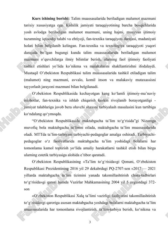 ektual, jismoniy sifat va salohiyatlarni uyg‘otish hamda rivojlantirish; bolalarni sog‘lom turmush tarzi bilan tanishtirish; bolalarda mustaqillik, mas’uliyatlilik, tashabbuskorlik xislatlarini shakllantirish; bolalarga dunyo haqida tushunchalar berish va tasavvurlarini kengaytirish; bolalarning yoshi, individual, psixologik va jismoniy xususiyatlari hamda qobiliyatini inobatga olgan holda ta’lim-tarbiya jarayonini tashkil qilish. ta’lim muassasalarining bir turi sifatida maktabgacha ta’lim muassasasi, shubhasiz, ularning har qaysisiga xos, bolalarning tarbiyasi, ta’limi, rivojlanishi va salomatligiga yaxshi yo‘nalganligi bilan bog‘liq umumiy xususiyatlarga ega. shu asnoda tarbiyalanayotgan bolalarning yosh xususiyatlariga ko‘ra maktabgacha ta’lim muassasasi faoliyati boshqa ta’lim muassasalarida kechadigan pedagogik jarayonlardan jiddiy farq qiladi. shundan kelib chiqib, aytish mumkinki, ta’lim sifatini boshqarishning umumiy nazariy yo‘llarini maktabgacha ta’lim amaliyotiga mexanik ravishda ko‘chirish mumkin emas. ular maktabgacha ta’lim muassasalari faoliyatining o‘ziga xosliklariga mos yangi mazmun bilan to‘ldirilishi kerak. e’tirof etish joizki, ta’lim tizimining hozirgi kundagi rivojlanish bosqichida uning birinchi bo‘g‘ini hisoblangan maktabgacha ta’limda jadal o‘zgarishlar yuz bermoqda. shu sababli, maktabgacha ta’lim muassasalari faoliyatida bolalarni estetik tarbiyasi …