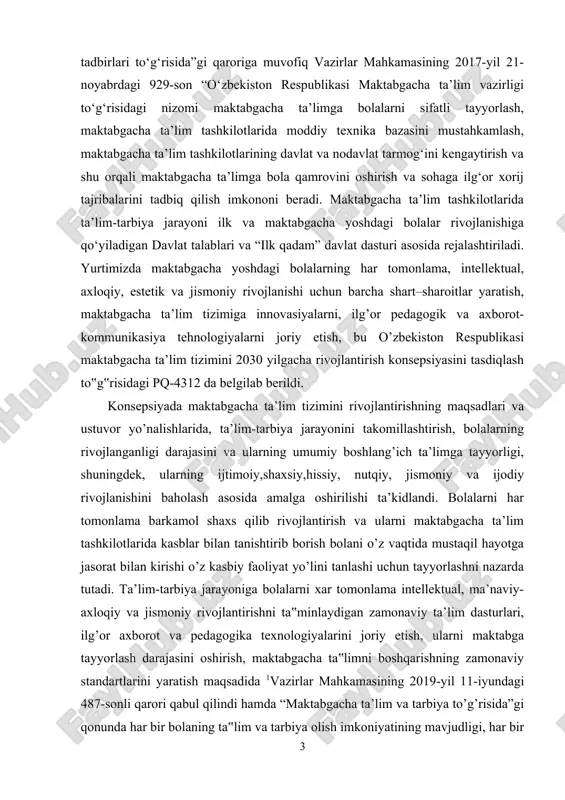 yalarni joriy etishni talab etadi. kurs ishi maqsadi: ilk qadam davlat o’quv dasturi asosida tarbiyaning ta’limiy faoliyatda tutgan o’rni kurs ishi vazifalari: 1. maktabgacha ta’limda talim va tarbiyaning uzviy bog’liqligi 2. ilk qadam davlat o’quv dasturi asosida maktabgacha yoshdagi bolalarda tarrbiyaviy sifatlarini shakllantirish mazmun mohiyatini o’rganib chiqish; 3. maktabgacha yoshdagi bolalarda tarbiyachi ota-onaning hamkorligida tarbiya berish 4. ilk qadam davlat o’quv dasturi asosida maktabgacha yoshdagi bolalarda tarbiyaviy ifatlarini tarbiyalash uchun metodik tavsiyalar ishlab chiqish; kurs ishining ob’ekti: ilk qadam davlat o’quv dasturi asosida maktabgacha yoshdagi bolalarda tarbiyaviy sifatlarini tarbiyalash jarayoni . kurs ishining predmeti:maktabgacha yoshdagi bolalarda tarbiyaviy sifatlarini tarbiyalash . kurs ishining tuzilishi: mazkur kurs ishi kirish, 4 ta reja, xulosa, foydalangan adabiyotlar ro`yxati va ilovalardan iborat. 1. maktabgacha ta’lim tashkilotlarida ta’lim va tarbiyaning bog’liqligi va ta’limiy faoliyatda tutgan o’rni ta'lim va tarbiyaning o‘rtasida ochiq-oydin farq bor. ta'lim, tarbiyaning bir juz'idir. tarbiya esa ta'limni o‘z ichiga oladi, aksincha emas. demak, …