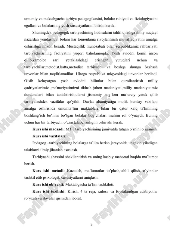 qilib, qalbini baxtga, ilohiy nurga to'ldiradi. dunyoda biror kimsa yo'qki, uning ustozi bo'lmasa. u hukumat rahbarimi, buyuk allomami, shifokormi, xalq mehrini qozongan yozuvchimi yoki qo'li gul kosibmi, qo'yingki, barcha-barchaning o'z ustozi va hayot yo'lini charog'on etib turuvchi yo'lboshchisi bo'ladi. ustozning eng buyuk burchi - xalqqa nafi tegadigan, aqlidrokli, qobiliyatli, uquvli shogirdlar tayyorlashdir. tarbiyachi yosh avlodni xalqimizning munosib farzandlari qilib tarbiyalashdek muhim va faxrli shu bilan birga mas'uliyatli vazifani bajaradi. tarbiyachining siyosiy yetukligi bolalarni tarbiyalash sifati uchun xalq va jamiyat oldidagi o'z mas'uliyatini anglashga ta'lim - tarbiya ishlarini hal etishga ijodiy yondashishga o'z mahoratini doimo faollashtirib borish va hamkasblarning ishdagi o'sishiga ko'maklashuviga yordam beradi. tarbiyachi o'zi yashab turgan o'lka hayotini bilishi tabiat va jamiyat omillarini tushunishi uchun ijtimoiy faol bo'lishi kerak. respublikamiz rahbariyati pedagoglar faoliyatini yuqori baholamoqda. ma'lumki, o'zbekiston respublikasining birinchi prezidenti i.karimov (1996-yil 9-yanvardagi) farmonigabinoan «1-oktyabr maktabgacha ta'lim xodimlari - o'qituvchi murabbiylar kuni» deb e'lon qilindi. bu voqea davlatimizni o'qituvchilarni …