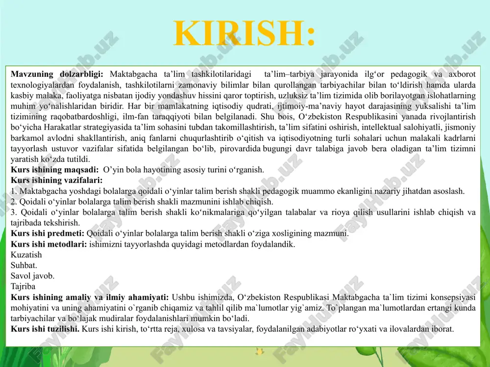 di, bitta o'zi o'ynasa ham u o'yinchoq bilan gaplashadi, o'zi tasvirlayotgan qahramon bilan muloqot o'rnatadi, onasi, bemor, shifokor xullas hamma- hammaning o'rniga o'zi gapiraveradi. so'z obrazning yaxshiroq ochilishiga yordam beradi. nutq o'yin jarayonida juda katta ahamiyatga ega. nutq orqali bolalar fikr almashadi, o'z his-tuyg'u, kechinmalarini o'rtoqlashadi. so'z bolalar o'rtasida do'stona munosabatlar o'rnatilishiga, tevarak-atrofdagi hayot voqealariga bir xilda munosabatda bo'lishga yordam beradi. bolalarning o'zi yaratgan o'yindan kelib chiqadigan yoki kattalar tomonidan taklif etilgan o'yinning g'oyasi, mazmuni, o'yin harakatlari, rollar, o'yin qoidalari uning tuzilishini tashkil etuvchi qirralardir. o’yin turlari o’yin turlari qoidali o’yinlar harakatli o’yinlar didaktik o’yinlar ijodiy o’yinlar sahnalashtirish o’yinlari musiqali o’yinlar qurish-yasash o’yinlari syujetli-rolli o’yinlar didaktik o’yinlar narsa va buyumlar bilan o’ynaladigan o’yinlar og’zaki o’yinlar stol bosma o’yinlari o’yinlarning syujeti xilma-xilligiga qaramay, ularni maxsus guruhlarga biriktirish imkoniyati mavjuddir. masalan, yirik psixolog a.arkin o’yinlarning quyidagi tasnifini tavsiya qiladi: ishlab chiqarishga (texnikaga); sanoat, qishloq xo’jaligi, qurilish, kasb- hunarga oid o’yinlar; maishiy va …