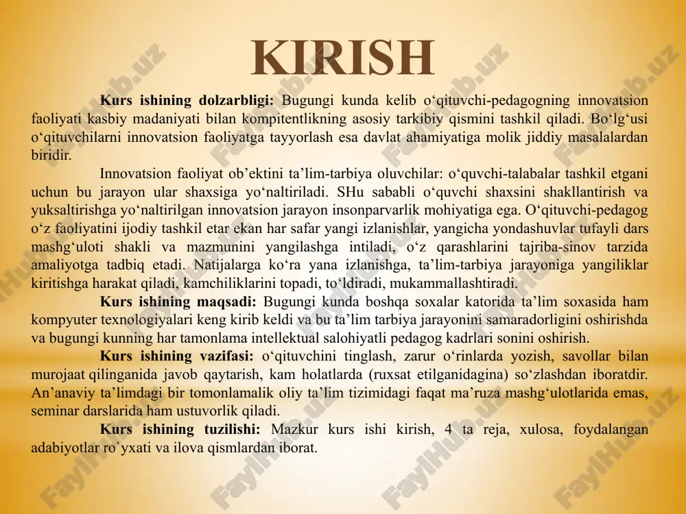 yangi imkoniyatlar yaratib beradi. axborot-kommunikatsiya texnologiyalarning yangiligi va o‘ziga xosligi insoniyat rivojlanishi nuqtai nazaridan ular deyarli insoniyat faoliyati barcha sohalariga kirib borishi, ulardan cheklanmagan joylar va maqsadlarda foydalanish mumkinligidan iborat. shu kabi axborot-kommunikasiya texnologiyalari uch yo‘nalishda ilgari bo‘lmagan juda katta samara bilan insoniyat rivojlanishi jarayonidagi to‘siqlarni yengib o‘tish imkon beradi: bilimlarni egallash yo‘lidagi to‘siqlarni yengish. axborotlardan foydalanish natijasida ta’lim olish yo‘lidagi inson imkoniyatlarini shakllantirish uchun katta ahamiyatga ega. agar ta’lim kognitiv ko‘nikmalarini rivojlantirishga olib kelsa, axborotlar bilimlar to‘plash jarayonining mazmunli jihatini ta’minlash uchun kerak b’ladi. internet va «butun jahon tarmog‘i» barcha ijtimoiy qatlamdagi insonlar uchun birdek axborot izlash kanali bo‘lib xizmat qiladi. ijtimoiy hayotda ishtirok etish yo‘lidagi to‘siqlarni yo‘qotadi. internet tarmog‘i orqali butun dunyo bilan aloqa qilish imkoniyati oxirgi yillarda ko‘plab global fuqarolik tashabbuslarini tarqatishga imkon berdi. misol uchun, ta’lim tizimida qayta aloqani ta’minlash harakati. iqtisodiy imkoniyatlarini kengaytirish yo‘lidagi to‘siqlarni yo‘qotadi. axborot-kommunikatsiya texnologiyalar va ular bilan bog‘liq sohalar hamda ta’lim …