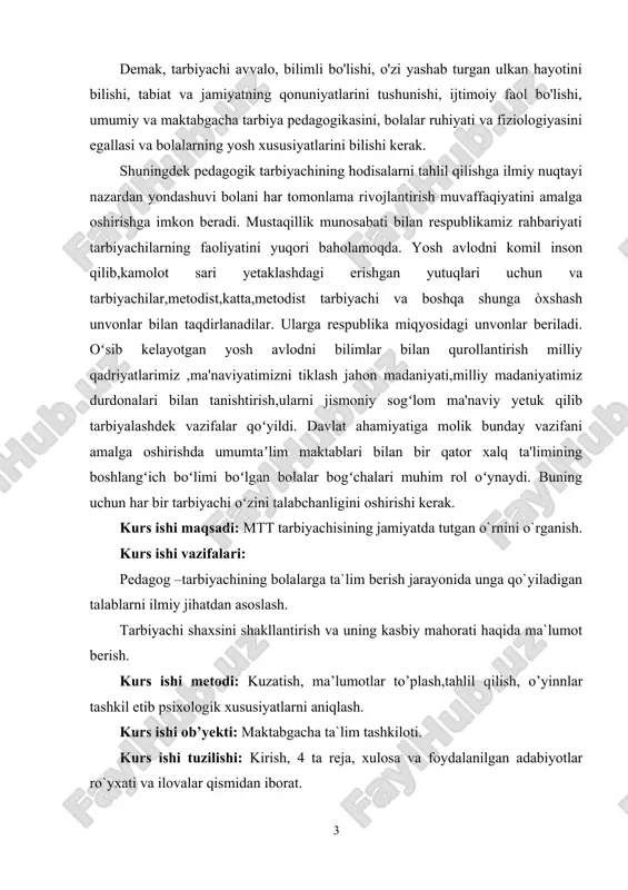ladigan boylikdir. bu boylikning qadr-qimmati shu qadar buyukki, u odamni ma'naviy jihatdan boy qilib, qalbini baxtga, ilohiy nurga to'ldiradi. dunyoda biror kimsa yo'qki, uning ustozi bo'lmasa. u hukumat rahbarimi, buyuk allomami, shifokormi, xalq mehrini qozongan yozuvchimi yoki qo'li gul kosibmi, qo'yingki, barcha-barchaning o'z ustozi va hayot yo'lini charog'on etib turuvchi yo'lboshchisi bo'ladi. ustozning eng buyuk burchi - xalqqa nafi tegadigan, aqlidrokli, qobiliyatli, uquvli shogirdlar tayyorlashdir. tarbiyachi yosh avlodni xalqimizning munosib farzandlari qilib tarbiyalashdek muhim va faxrli shu bilan birga mas'uliyatli vazifani bajaradi. tarbiyachining siyosiy yetukligi bolalarni tarbiyalash sifati uchun xalq va jamiyat oldidagi o'z mas'uliyatini anglashga ta'lim - tarbiya ishlarini hal etishga ijodiy yondashishga o'z mahoratini doimo faollashtirib borish va hamkasblarning ishdagi o'sishiga ko'maklashuviga yordam beradi. tarbiyachi o'zi yashab turgan o'lka hayotini bilishi tabiat va jamiyat omillarini tushunishi uchun ijtimoiy faol bo'lishi kerak. respublikamiz rahbariyati pedagoglar faoliyatini yuqori baholamoqda. ma'lumki, o'zbekiston respublikasining birinchi prezidenti i.karimov (1996-yil 9-yanvardagi) farmonigabinoan «1-oktyabr maktabgacha …