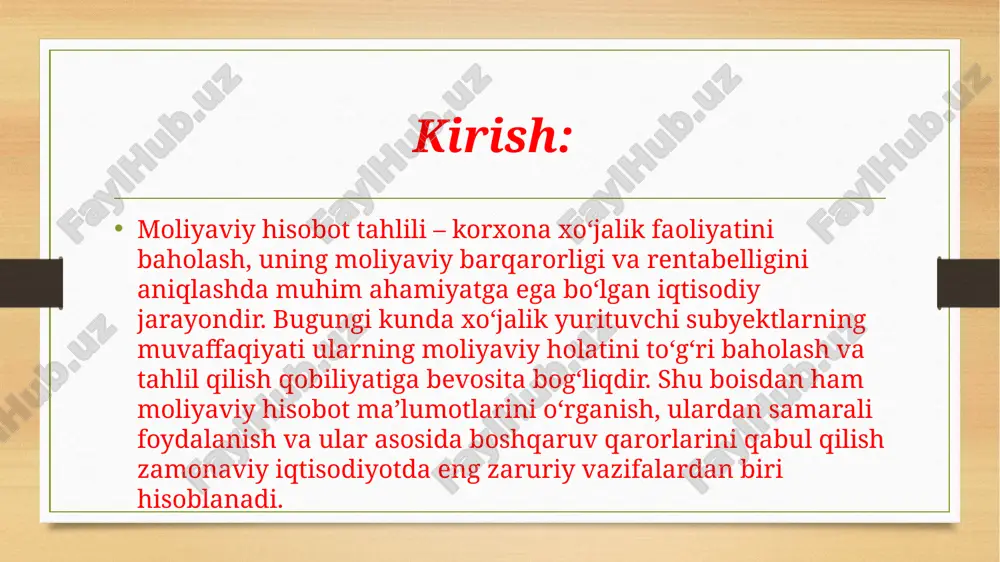 lik koeffitsiyenti: korxonaning qarz mablag‘lariga qanchalik bog‘liqligini ko‘rsatadi;rentabellik ko‘rsatkichlari: sof foydaning sotuv hajmiga, aktivlarga yoki kapitalga nisbati. . . 4.amaliy misollar asosida moliyaviy tahlil . . xulosa moliyaviy hisobot tahlili korxonaning xo‘jalik faoliyatini baholash, uning moliyaviy barqarorligi va istiqbolini aniqlashda muhim ahamiyatga ega. tadqiqot davomida quyidagi xulosalarga kelindi:moliyaviy hisobotning nazariy asoslari – moliyaviy tahlil uchun eng muhim manba bo‘lib, u korxonaning aktivlari, majburiyatlari, kapitali, daromad va xarajatlari haqida ishonchli ma’lumot beradi.moliyaviy tahlil metodlari – gorizontal, vertikal, trend tahlili va ko‘rsatkichlar tizimi yordamida korxonaning moliyaviy natijalari turli burchaklardan o‘rganiladi. bu metodlar orqali korxona faoliyatining dinamikasi, tuzilishi va barqarorligi tahlil qilinadi. image5.png image6.png image7.png image8.png image9.png image10.png image11.png image12.png image13.png image14.png image15.png image16.jpeg image17.png image18.png image19.png image20.png image21.png image22.png image23.png image24.png image25.png image26.png image27.png image28.png image29.png image30.png image31.png image32.png image33.png image34.png image35.png image36.png image37.png image3.png image4.png /docprops/thumbnail.jpeg