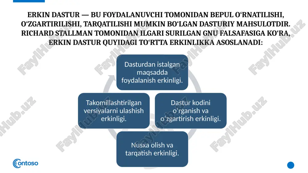niyatlari kengayadi. ilmiy tadqiqotlarni avtomatlashtirish osonlashadi. o‘qituvchilarning raqamli kompetensiyasi oshadi. ta’lim jarayoni interaktiv va ijodiy tus oladi. 15 ba’zi o‘zbekiston otmlarida, xususan, tatu, tdtu, nizomiy nomidagi tdpu kabi universitetlarda ochiq kodli tizimlar asosida darslar o‘tilmoqda. masalan, tatuda linux, python, moodle asosida kurslar yo‘lga qo‘yilgan. 16 eodt’ni samarali qo‘llash uchun o‘qituvchilar axborot-kommunikatsiya kompetensiyalarini oshirishi zarur. buning uchun maxsus kurslar, seminarlar va onlayn treninglar tashkil etilishi lozim. 17 o‘zbekiston it sohasi vakillari tomonidan o‘zbek tilida interfeysga ega ochiq dasturlar yaratilmoqda. bu milliy kontentni rivojlantirish, ta’limni mahalliylashtirish uchun muhim ahamiyatga ega. 18 xulosa erkin va ochiq kodli dasturiy ta’minotlar ta’lim tizimini modernizatsiya qilishda strategik ahamiyatga ega. ular bilim olishni demokratlashtiradi, iqtisodiy samaradorlikni oshiradi va raqamli suverenitetni ta’minlaydi. kelajakda ta’limning barcha bosqichlarida eodt’lar asosiy vositaga aylanishi kutilmoqda. 19 image3.png image2.png image8.png image9.png image10.png image1.png image11.jpeg image12.png image13.png image14.png image15.png image16.jpeg image17.png image18.png image19.jpeg image20.jpeg