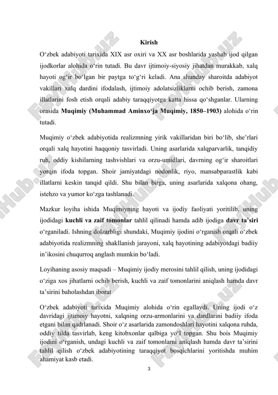 odiga oid bilimlarga tayangan holda uning ijodiy merosidagi kuchli va zaif tomonlarni aniqlash, shuningdek, davrning adib ijodiga ko‘rsatgan ta’sirini tahlil qilishdan iboratdir. ushbu maqsadga erishish jarayonida muqimiy hayotiga oid tarixiy manbalar, adabiy tadqiqotlar hamda shoir asarlari asosiy manba sifatida xizmat qiladi. muqimiy ijodi nafaqat o‘zbek adabiyotida, balki butun turkiy xalqlar adabiy merosida ham alohida o‘rin tutadi. uning asarlari o‘z davrining adabiy, ijtimoiy va ma’naviy hayotini yorqin ifodalab, xalqning tilagini, orzu-intilishlarini, g‘am-tashvishlarini aks ettiradi. shu boisdan muqimiy ijodi o‘rganilganda, nafaqat shoir shaxsiy mahorati, balki xix asr oxiri va xx asr boshlaridagi tarixiy-madaniy muhit ham oydinlashadi.adibning satirik she’rlari o‘sha davr jamiyatida keng tarqalgan illatlarni fosh etishga, xalqni hushyorlikka chaqirishga qaratilgan bo‘lsa, lirikasida insoniy tuyg‘ular, muhabbat, sadoqat va vafodorlik mavzulari yuksak badiiy did bilan kuylangan. shu bilan birga, muqimiy ijodida kuchli va zaif tomonlar mavjud. kuchli tomonlariga xalqchil ohang, o‘z davrining dolzarb masalalarini ko‘tarishi, satirik mahorati va sodda, xalqona tildan foydalanishi kirsa, zaif …