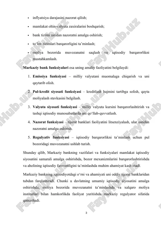 nksiyasi – kreditlash hajmini tartibga solish, qayta moliyalash stavkasini belgilash. 3. valyuta siyosati funksiyasi – milliy valyuta kursini barqarorlashtirish va tashqi iqtisodiy munosabatlarda uni qo‘llab-quvvatlash. 4. nazorat funksiyasi – tijorat banklari faoliyatini litsenziyalash, ular ustidan nazoratni amalga oshirish. 5. regulyativ funksiyasi – iqtisodiy barqarorlikni ta’minlash uchun pul bozoridagi muvozanatni ushlab turish. shunday qilib, markaziy bankning vazifalari va funksiyalari mamlakat iqtisodiy siyosatini samarali amalga oshirishda, bozor mexanizmlarini barqarorlashtirishda va aholining iqtisodiy farovonligini ta’minlashda muhim ahamiyat kasb etadi. markaziy bankning iqtisodiyotdagi o‘rni va ahamiyati uni oddiy tijorat banklaridan tubdan farqlantiradi. chunki u davlatning umumiy iqtisodiy siyosatini amalga oshirishda, moliya bozorida muvozanatni ta’minlashda va xalqaro moliya institutlari bilan hamkorlikda faoliyat yuritishda markaziy regulyator sifatida qatnashadi. markaziy bankning asosiy funksiyalaridan biri — pul massasini muvozanatda ushlab turishdir. pul muomalasidagi ortiqcha mablag‘ inflyatsiyani keltirib chiqaradi, pul tanqisligi esa iqtisodiy o‘sishga salbiy ta’sir ko‘rsatadi. shu bois markaziy bank pul-kredit siyosatini amalga oshirishda monetar vositalardan keng foydalanadi. …