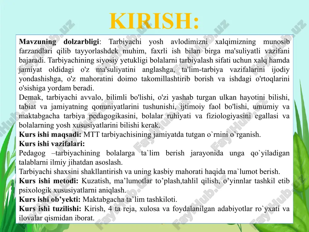 -idrokini o'stirish, ma'rifat ziyosidan bahramand qilish, haqiqiy vatanparvar, haqiqiy fuqaro etib yetishtirish uchun, eng avvalo, tarbiyachining o'zi ana shunday yuksak talablarga javob berishi, ana shunday. buyuk fazilatlarga ega bo'lishi kerak». demak, o'z faoliyatini endigina boshlayotgan o'qituvchilar va doimiy izlanishda bo'lgan tajribali o'qituvchilar ham tarbiyachilik mahoratiga zamin yaratuvchi quyidagi jarayonlarni bilishi kerak: har qanday pedagogik vaziyatlarda o'quvchining ichki va tashqi dunyosini to'g'ri tushunish malakasi; pedagogik vaziyatlarni to'g'ri idrok qilish uchun diqqatni jamlash; tarbiyalanuvchilarga ishonch va talabchanlik; tarbiyaviy vaziyatni har tomonlama puxta baholay olish qobiliyati; xilma-xil pedagogik taktlardan o'zi uchun eng muhimini ajrata olish qobiliyati; ziddiyatli tasodifiy holatlarda ikkilanmasdan to'g'ri qaror qabul qilish; tarbiyada ta'sir etishning turli usullaridan foydalana olish qobiliyati; fikr va mulohazalarini so'z bilan, mimika va pantomimik harakatlar bilan o'quvchi ongiga aniq yetkaza olish; dars va darsdan tashqari faoliyatda o'quvchilar bilan kommunikativ aloqa o'rnata olish qobiliyati; o'quvchilar ongida erkinlik va tashabbuskorlikni, o'z fikr mulohazalarini qo'rqmasdan bayon qilish ko'nikmalarini tarbiyalash; qiyin …