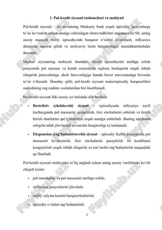 hundaki, davlat iqtisodiyotni tartibga solish jarayonida pul massasi va kredit resurslarini oqilona boshqarish orqali ishlab chiqarish jarayonlariga, aholi farovonligiga hamda bozor muvozanatiga bevosita ta’sir o‘tkazadi. shunday qilib, pul-kredit siyosati makroiqtisodiy barqarorlikni saqlashning eng muhim vositalaridan biri hisoblanadi. pul-kredit siyosati ikki asosiy yo‘nalishda olib boriladi: · restriktiv (cheklovchi) siyosat – iqtisodiyotda inflyasiya xavfi kuchayganda pul massasini qisqartirish, foiz stavkalarini oshirish va kredit berish shartlarini qat’iylashtirish orqali amalga oshiriladi. buning natijasida ortiqcha talab jilovlanadi va narxlar barqarorligi ta’minlanadi. · ekspansion (rag‘batlantiruvchi) siyosat – iqtisodiy faollik pasayganda pul massasini ko‘paytirish, foiz stavkalarini pasaytirish va kreditlarni kengaytirish orqali ishlab chiqarish va iste’molni rag‘batlantirish maqsadida qo‘llaniladi. pul-kredit siyosati mohiyatini to‘liq anglash uchun uning asosiy vazifalarini ko‘rib chiqish lozim: · pul muomalasi va pul massasini tartibga solish; · inflyasiya jarayonlarini jilovlash; · milliy valyuta kursini barqarorlashtirish; · iqtisodiy o‘sishni rag‘batlantirish; · moliya bozorida ishonch va barqarorlikni ta’minlash; · tashqi iqtisodiy muvozanatni qo‘llab-quvvatlash. pul-kredit siyosati iqtisodiy tizimning …