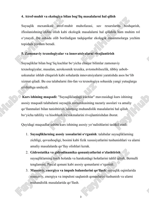 r, ularning xususiyatlari va farqlarini o‘rganish.​ 5. amaliy muhandislik masalalarini hal qilish: nasoslar, quvurlar, gidravlik tizimlar kabi qurilmalarda suyuqlik oqimini tahlil qilish va ularni loyihalashda suyuqlik mexanikasi qonuniyatlarini qo‘llash.​ 6. tahliliy va hisoblash ko‘nikmalarini rivojlantirish: suyuqlik mexanikasiga oid masalalarni matematik modellashtirish, yechim usullarini qo‘llash va natijalarni tahlil qilish. ​"suyuqliklardagi kuchlar" mavzusidagi kurs ishining asosiy vazifalari talabalarni suyuqlik mexanikasining nazariy asoslari va amaliy qo‘llanmalari bilan tanishtirish, ularning muhandislik masalalarini hal qilish bo‘yicha tahliliy va hisoblash ko‘nikmalarini rivojlantirishdan iborat.​ quyidagi vazifalar ushbu kurs ishining asosiy yo‘nalishlarini tashkil etadi: 1. suyuqliklarning asosiy xossalarini o‘rganish: talabalar suyuqliklarning zichligi, qovushoqligi, bosimi kabi fizik xususiyatlarini tushunishlari va ularni amaliy masalalarda qo‘llay olishlari kerak.​ 2. gidrostatika va gidrodinamika qonuniyatlarini o‘zlashtirish: suyuqliklarning tinch holatda va harakatdagi holatlarini tahlil qilish, bernulli tenglamasi, pascal qonuni kabi asosiy qonunlarni o‘rganish.​ 3. massaviy, energiya va impuls balanslarini qo‘llash: suyuqlik oqimlarida massaviy, energiya va impulsni saqlanish qonunlarini tushunish va ularni muhandislik masalalarida qo‘llash.​ …