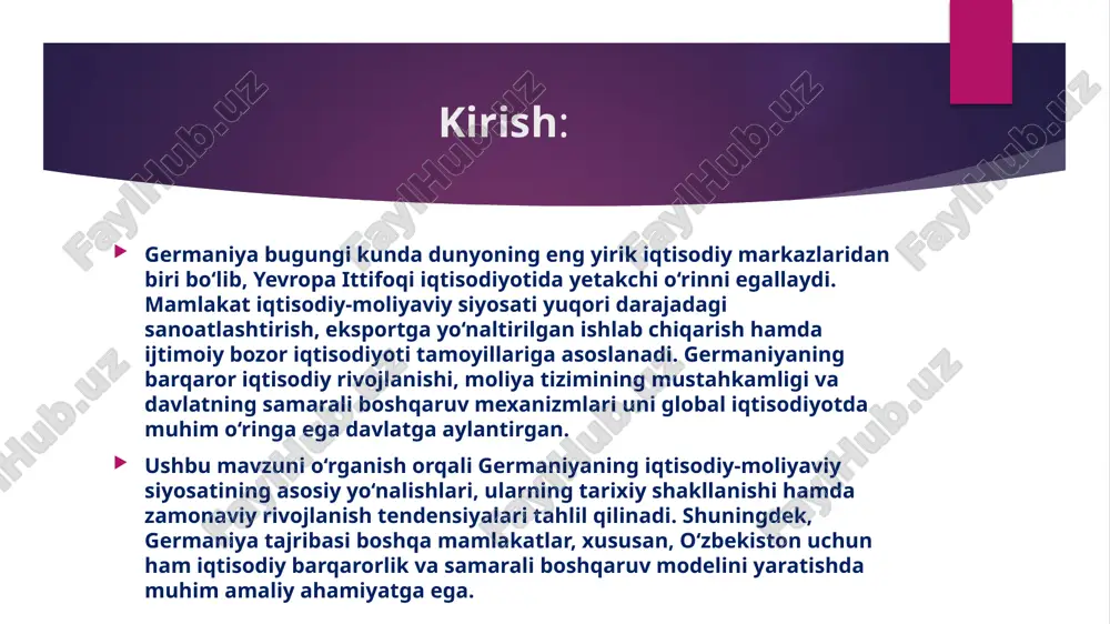 rmoqlari orqali aholiga yaqin xizmat ko‘rsatadi, jamg‘armalarni qabul qiladi va kichik biznesni kreditlaydi. boshqa moliyaviy institutlar bundan tashqari, germaniyada mikromoliyalash tashkilotlari, investitsiya banklari, sug‘urta kompaniyalari, pensiya jamg‘armalari va kredit uyushmalari ham faoliyat yuritadi. bu institutlar iqtisodiyotning turli qatlamlariga xizmat ko‘rsatib, moliyaviy tizimni yanada samarali va mustahkam qiladi. 3. raqamli texnologiyalar va innovatsiyalar roli ermaniyada bank faoliyati qat’iy qonunlar va xalqaro standartlarga asoslanib tartibga solinadi. buning asosiy maqsadi – moliyaviy barqarorlikni saqlash, mijozlarning manfaatlarini himoya qilish va bank tizimining ishonchliligini ta’minlashdir. asosiy qonunlar bank sohasini tartibga soluvchi asosiy hujjat — kreditwesengesetz (kwg), ya’ni “bank faoliyati to‘g‘risidagi qonun” hisoblanadi. ushbu qonun banklarning litsenziyalanishi, faoliyat yuritish shartlari, kapital yetarliligi, likvidlik talablari va risklarni boshqarish bo‘yicha me’yorlarni belgilaydi. bundan tashqari, yevropa ittifoqining crd iv/crr reglamenti ham germaniya banklariga tatbiq etiladi. ushbu hujjatlar basel iii xalqaro standartlariga asoslanadi. nazorat organlari germaniyada banklarni tartibga soluvchi asosiy nazorat organlari: bafin (bundesanstalt für finanzdienstleistungsaufsicht) – moliyaviy xizmatlarni nazorat …
