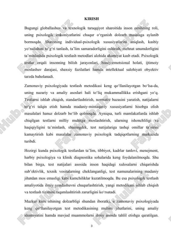 ik testlash metodikasining nazariy asoslarini yoritish; · test turlari va ularning amaliy qo‘llanish sohalarini o‘rganish; · zamonaviy testlash amaliyotida uchraydigan metodik xatoliklarni aniqlash; · test natijalariga ta’sir etuvchi omillarni tahlil qilish; · testlash tizimini takomillashtirish yo‘llarini asoslab berish. tadqiqotning obyekti – zamonaviy psixologik testlash jarayoni, predmeti – psixologik testlashda uchraydigan dolzarb muammolar va ularni hal etish yo‘llaridir. kurs ishining nazariy ahamiyati shundaki, u psixologik testlash metodikasining ilmiy-nazariy asoslarini chuqur o‘rganish imkonini beradi, testlar tuzilishi va qo‘llanilishidagi muhim metodologik yondashuvlarni aniqlaydi. amaliy ahamiyati esa testlash natijalarini yanada ishonchli qilish, milliy psixologik amaliyotga mos testlarni ishlab chiqish va raqamli testlash tizimini yaratish bo‘yicha takliflarni ilgari surish imkonini beradi. i.bob. psixologiyada test metodikasining nazariy asoslari 1.1. psixologik test tushunchasi, mazmuni va rivojlanish tarixi psixologik test — bu shaxsning individual-psixologik xususiyatlarini, aqliy salohiyatini, hissiy holatini, qobiliyatlarini yoki shaxsiy fazilatlarini o‘lchash va baholashga mo‘ljallangan standartlashtirilgan metodik vosita hisoblanadi. “test” so‘zi inglizcha “test” atamasidan olingan bo‘lib, …