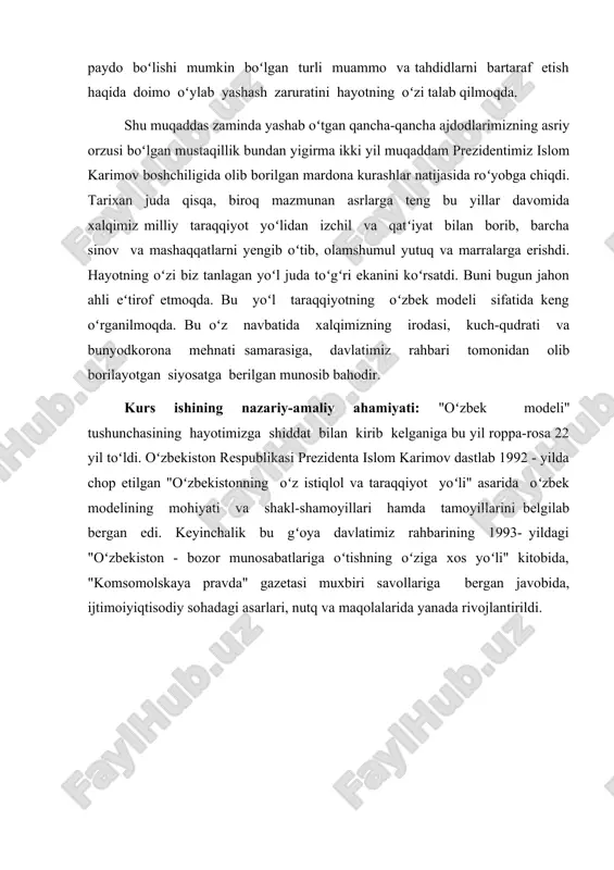 moiyiqtisodiy sohadagi asarlari, nutq va maqolalarida yanada rivojlantirildi. i.bob.taraqqiyotning o'zbek modeli va uning o'ziga xos xususiyatlari 1.1 oʻzbekistonda bozor iqtisodiyotiga oʻtish zarurati va uning oʻziga xos xususiyatlari xx asrning 90-yillari boshida oʻzbekiston ijtimoiy - iqtisodiy taraqqiyotida mutlaqo yangi mazmun va mohiyatga ega tarixiy vaziyat yuzaga keldi. bu, avvalo, yurtboshimiz islom karimov rahnamoligida xalqimizning mustaqillikka erishgani bilan bogʻliqdir. istiqlolimiz sharofati bilan iqtisodiyotimizga bozor munosabatlarini joriy etish, mavjud ijtimoiy-iqdisodiy, xalqaro masalalarni oʻz milliy manfaatlarimizdan kelib chiqqan holda mustaqil hal etish imkoniyati yaratildi. boshqacha aytganda, mamlakatimizda bozor iqtisodiyotiga oʻtish jarayoni qadimiy milliy davlatchiligimizni qayta tiklash va milliy iqtisodiyotimizni shakllantirish bilan uygʻunlikda olib borildi. ayni paytda, bozor munosabatlari xalqimiz va vatanimiz uchun butunlay yangi tushunchalar emasdi. osiyo va yevropaning savdo yoʻli - buyuk ipak yoʻli chorrahasida joylashgan oʻzbek zamini asrlar osha sharq va gʻarb oʻrtasida oʻziga xos koʻprik boʻlib keldi. oʻzbekiston oʻzining ana shu tarixiy va anʻanaviy oʻrnini egallashi uchun yurtimizda zamonaviy bozor munosabatlarini …
