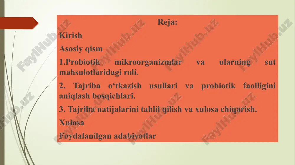 mida. koloniyalar sonini hisoblab, har ml yogurtdagi mikroorganizmlar miqdorini aniqlang. 4.3. identifikatsiya mikroskop orqali lactobacillus va streptococcus turlarini aniqlash. gram bo‘yash orqali bakteriya turlarini farqlash (lactobacillus – gram musbat, uzun shaklli; streptococcus – gram musbat, zanjir shaklida). xulosa yogurt tayyorlash jarayoni sutni kislotali fermentatsiya orqali qalinlashtiradi. yogurt tarkibida lactobacillus bulgaricus va streptococcus thermophilus mavjudligi probiotik ta’sir ko‘rsatadi. mikrobiologik tahlil yogurt sifatini va bakterial tarkibini baholashga yordam beradi. foydalanilgan adabiyotlar 1. “biotexnologiya asoslari”, o‘tfiv, 2023. 2. probiotics and dairy products, academic press, 2020. 3. who/fao guidelines for probiotics in food, 2019. 4. biologiya amaliy mashg‘ulotlar to‘plami, 2022. image1.jpeg /docprops/thumbnail.jpeg