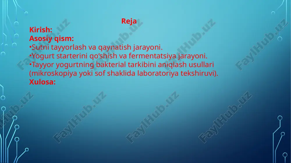 ik bakteriyalar – lactobacillus bulgaricus va streptococcus thermophilus asosiy rol o‘ynaydi. sutni to‘g‘ri qaynatish, starter bakteriyalarni qo‘shish va optimal fermentatsiya sharoitlarini yaratish yogurt sifatini belgilaydi. bakterial tarkibni tahlil qilish natijalari shuni ko‘rsatadiki, yogurtda foydali mikroorganizmlar mavjud bo‘lib, ular ichak mikroflorasini yaxshilash, hazm qilish jarayonini osonlashtirish va immun tizimini mustahkamlashda muhim ahamiyatga ega. shu bilan, sut kislotali fermentatsiya jarayoni nafaqat oziq-ovqat mahsulotini tayyorlashning ilmiy va amaliy qismi, balki inson sog‘lig‘i uchun foydali bo‘lgan mikroflorani yaratishning ham samarali usulidir. image3.png image2.png image4.jpeg image5.jpeg image6.jpeg /docprops/thumbnail.jpeg