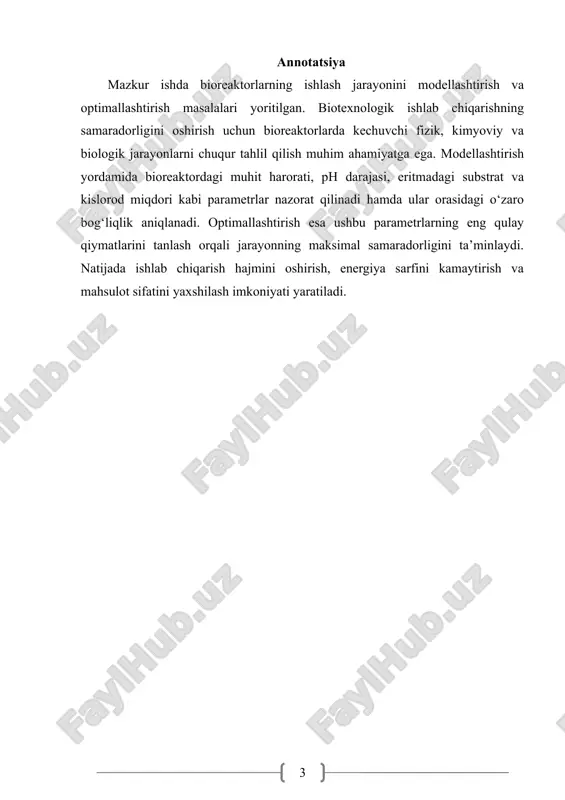(reaktor idishi) – biologik jarayon aynan shu qismda kechadi. · aralashtirgich tizimi – ozuqa va hujayralarning bir xil taqsimlanishini ta’minlaydi. · aeratsiya tizimi – kislorod bilan ta’minlash va gaz almashinuvini boshqaradi. · harorat va ph nazorati tizimi – jarayon davomida optimal muhitni saqlab turadi. · datchik va nazorat bloklari – real vaqt rejimida o‘lchash, nazorat qilish va ma’lumotlarni qayd etish imkonini beradi. bioreaktorlar ishlatiladigan biologik jarayon turiga qarab aerob (kislorod ishtirokida) va anaerob (kislorodsiz) turlarga bo‘linadi. masalan, antibiotiklar yoki fermentlar ishlab chiqarishda asosan aerob bioreaktorlar ishlatiladi, biogaz olish jarayonida esa anaerob bioreaktorlar qo‘llaniladi. zamonaviy bioreaktorlar avtomatlashtirilgan boshqaruv tizimlari bilan jihozlanadi. bu esa ularning ish jarayonini doimiy monitoring qilish, parametrlarni real vaqt rejimida sozlash va optimallashtirish imkonini beradi. shunday qilib, bioreaktorlar biologik ishlab chiqarishning yuragi bo‘lib, ularning samarali ishlashi butun biotexnologik tizimning muvaffaqiyatini belgilaydi. 2. bioreaktor ish rejimini modellashtirish asoslari bioreaktor ish rejimini modellashtirish — bu bioreaktorda kechayotgan biologik, kimyoviy va …