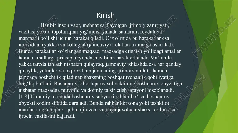 hisoblanadi. rahbarning ish uslubi –bu boshqaruv jarayonida u yoki bu masalalarni hal qilishda uning o’ziga xos yondashishidir. avtokrat rahbarning ish uslubiga ko„ra, buyruq chiqarish, qaror qabul qilish, hodimlarga jazo berish yoki rag'batlantirishda jamoa fikrini hisobga olmagan holda ish ko’radi. tashkilotning ishchi hodimlari bilan o’zaro muloqotni chegaralab qo’yadi, imkon qadar o’zini jamoadoshlardan yiroq tutishga harakat qiladi. buyruq berishni yaxshi ko’radi, hammani, o„zining qarorlari, xohish-istaklariga muttasil bo’ysundirishga harakat qiladi. kam va keskin gapiradi, jamoa bilan muloqat olib borganida, uning rahbarlik g'ururi balandligi, o’zini katta tutishi sezilib turadi. yuzlarida doim kayfiyatsizlik alomati ko’rinib turadi. demokratik boshqaruv usulida ish yurituvchi rahbarlar avtokrat uslubidagi rahbardan anchayin keskin farq qiladi. demokratik rahbarlar boshqaruvning funksional darajasini jamoa bilan hamjixatlikda ushlaydi ya’ni, mavjud tashkilotning rivojlanishiga hodimlarni jalb qiladi, ularning strategik g'oyalarini ijobiy tomonlarini inobatga oladi va qo’llab-quvvatlaydi. liberal –uslub jarayonida jamoada demokratik tamoyillar hukm suradi, hodimga butkul erkinlik beriladi va ijro etish vositasini tanlaydi, guruhda xalqni nazorat etish …