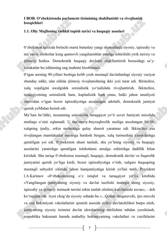 lqning ijodiy, erkin mehnatiga qulay sharoit yaratmas edi. ikkinchisi esa rivojlangan mamlakatlar sinoviga bardosh bergan, xalq turmushini yaxshilashga qaratilgan yoi edi. 0‘zbekiston shuni tanladi, shu yo‘lning siyosiy va huquqiy asoslarini yaratishga qaratilgan islohotlami amalga oshirishga dadillik bilan kirishdi. shu tariqa 0‘zbekiston mustaqil, huquqiy, demokratik davlat va fuqarolik jamiyatini qurish yo‘liga kirdi, bozor iqtisodiyotiga o‘tish, xalqaro huquqning mustaqil subyekti sifatida jahon hamjamiyatiga kirish yo'lini tutdi. prezident l.a.karimov «0‘zbekistonning o‘z istiqlol va taraqqiyot yo‘li» kitobida «yangilangan jamiyatning siyosiy va davlat tuzilishi insonga uning siyosiy, iqtisodiy va ijtimoiy turmush tarzini erkin tanlab olishini kafolatlashi kegak», - deb ko‘rsatgan edi. ayni chog‘da siyosiy sohada bu «...qonun chiqaruvchi, ijro etuvchi va sud hokimiyati vakolatlarini ajratish asosida milliy davlatchilikni barpo etish, jamiyatning siyosiy tizimini davlat idoralarining tuzilishini tubdan yaxshiiash, respublika hukumati hamda mahalliy hokimiyatning vakolatlari va vazifalarini aniq belgilab qo‘yish, adolatli va insonparvar qonunchilikni vujudga keltirishi mumkin»[footnoteref:1], — deb ta’kidlagan edi. ana shu yo‘i-yo‘riqlar va ko‘rsatmalar …