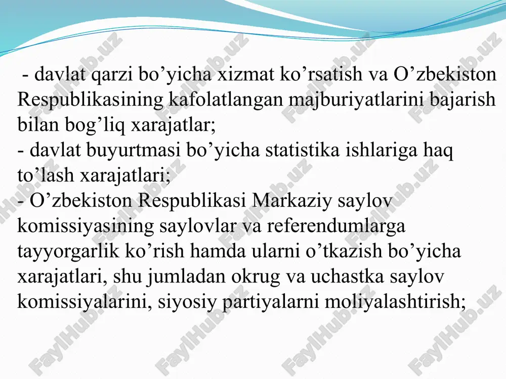 ng kapital xarajatlari byudjet xarajatlarining innovatsiya va investitsiya faoliyatini mablag’ bilan ta‘minlash maqsadlariga yo’naltirilgan pul mablag’lari bo’lib, ular tarkibiga davlat investitsiya dasturiga kiritilgan investitsiya loyihalari bo’yicha yangi qurilish, kapital rekonstruksiya va kapital ta‘mirlash maqsadlari uchun ishlab turgan yoki yangidan barpo qilinadigan korxona, tashkilot va muassasalarga, shuningdek, alohida loyihalarni moliyalashtirishga ajratiladigan moliyaviy mablag’lar kiradi. funksional tayinlanishiga (vazifa jihatidan) ko’ra, davlat byudjeti xarajatlari quyidagi guruhlar bo’yicha tasniflanadi (ularning tarkibi o’zbekiston respublikasi byudjet kodeksining 69-moddasi bilan belgilab qo’yilgan): 1. ijtimoiy soha va aholini ijtimoiy qo’llab-quvvatlash xarajatlari. 2. nodavlat notijorat tashkilotlari va fuqarolik jamiyatining boshqa institutlarini davlat tomonidan qo’llab-quvvatlash xarajatlari. 3. iqtisodiyot xarajatlari. 4. markazlashtirilgan investitsiyalarni moliyalashtirish xarajatlari. 5. davlat hokimiyati va boshqaruvi, adliya va prokuratura organlarini saqlab turish xarajatlari. 6. sudlarni saqlab turish xarajatlari. 7. fuqarolarning o’zini-o’zi boshqarish organlarini saqlab turish xarajatlari. 8. o’zbekiston respublikasi vazirlar mahkamasi, qoraqalpog’iston respublikasi respublika byudjeti, viloyatlar viloyat byudjetlarining va toshkent shahri shahar byudjeti, tumanlar va shaharlar byudjetlarining …