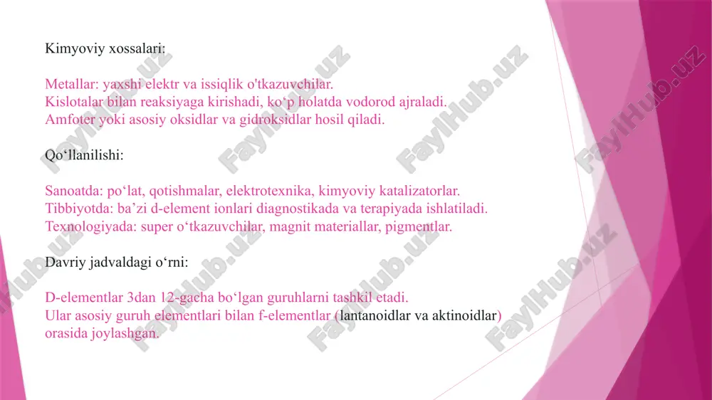 a ularning ko‘p qismi mustahkam va zichdir. erish harorati: vanadiy (v): 1910°c niobiy (nb): 2477°c tantal (ta): 2996°c tantal eng yuqori erish haroratiga ega bo‘lib, ayniqsa yuqori harorat talab qiladigan sanoat tarmoqlarida qo‘llaniladi. kimyoviy xossalari: oksidlanish darajasi: asosiy oksidlanish darajasi +5 bo‘lib, ba’zan +4 va +3 darajalari ham kuzatiladi. oksidlar: vanadiy (v): v₂o₅ (vanadiy oksidi) niobiy (nb): nb₂o₅ (niobiy oksidi) tantal (ta): ta₂o₅ (tantal oksidi) vanadiy, niobiy va tantal kislotalar bilan reaksiyaga kirishadi, ammo yuqori darajadagi oksidlar ko‘proq passivlanadi. ular galogenlar bilan yuqori haroratda reaksiyaga kirishib, galogenidlarni (masalan, vcl₅, nbcl₅, tacl₅) hosil qiladi. amfoterlik: oksidlar amfoter bo‘lib, kislotali va asosiy eritmalar bilan reaksiyaga kirishadi. koroziyaga chidamlilik: tantal, niobiy va vanadiy korroziyaga juda chidamli. tantal, ayniqsa, yuqori korroziyaga chidamliligi bilan mashhur, shuning uchun u tibbiyotda, elektronika va yuqori haroratli qo‘shimchalarda ishlatiladi. 1. titan (ti) oksidlar: titan(iv) oksid (tio₂): titanning eng keng tarqalgan oksidi bo‘lib, oq rangga ega va kristall shaklda bo‘ladi. …