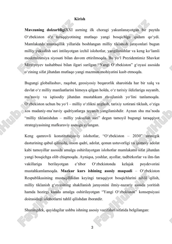 – hozirgi davrdagi islohotlarni mantiqiy tahlil qilish orqali ularning natijalarini ochib berish; · qiyosiy metod – mustaqillikdan oldingi va keyingi bosqichlarni solishtirish orqali o‘zgarishlarni aniqlash; · mafkuraviy yondashuv – “milliy istiqlol mafkurasi”, “yangi o‘zbekiston” va “uchinchi renessans” kabi g‘oyalarni o‘rganish orqali ularning ijtimoiy-siyosiy ahamiyatini ko‘rsatish. tadqiqotning ilmiy yangiligi o‘zbekiston taraqqiyotining milliy tiklanishdan milliy yuksalish sari bosqichi bir butun g‘oya va strategiya sifatida izchil tahlil qilindi;“yangi o‘zbekiston” davrida boshlangan konstitutsiyaviy islohotlar, siyosiy ochiqlik, xalqparvarlik siyosati kabi yangiliklar nazariy jihatdan baholandi;milliy yuksalish g‘oyasining uchinchi renessans bilan uzviy bog‘liqligi ochib berildi;ilgari yetarlicha yoritilmagan ayrim ijtimoiy-ma’naviy omillar zamonaviy nuqtai nazardan o‘rganildi. ishning obekti va predmeti obyekt: mazkur kurs ishining obyekti – o‘zbekiston respublikasining mustaqillikka erishganidan so‘ng amalga oshirilgan milliy tiklanish va milliy yuksalish jarayonlari, ularning ijtimoiy, siyosiy, iqtisodiy va madaniy sohalardagi ta’siri, shuningdek, mustaqillik davridagi islohotlarning jamiyat hayotidagi o‘rni va ahamiyatidir. predmet: ishning predmeti esa – “yangilanayotgan o‘zbekiston: milliy tiklanishdan – milliy yuksalish sari” …