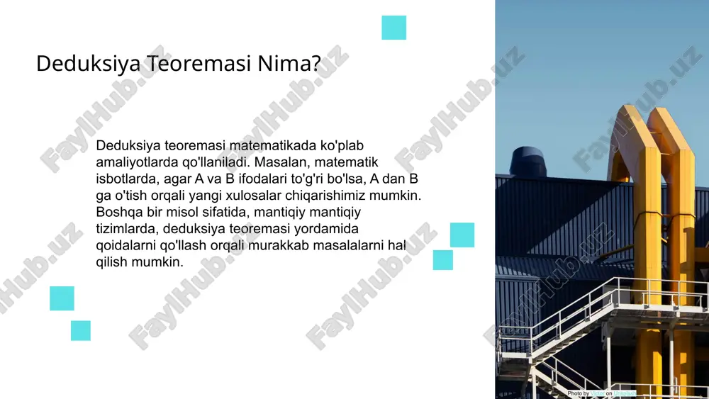 echishda qo'llaniladi. masalan, pifagor teoremasi yordamida uchburchakning tomonlari o'rtasidagi munosabatlar aniqlanadi. boshqa bir misol sifatida, algebraik ifodalar yordamida x va y ning qiymatlarini topish jarayonida deduksiya teoremasi qo'llaniladi. shuningdek, matematik induktsiya yordamida bir nechta qadamlarni isbotlashda deduksiya teoremasini ishlatish mumkin. o'rganish jarayoni va kutilayotgan natijalar deduksiya teoremasini o'rganish jarayoni talabalar uchun yangi bilimlarni o'zlashtirishga yordam beradi. bu jarayonda, o'quvchilar nazariyadan amaliyotga o'tish orqali masalalarni yechish va yangi yondashuvlarni qo'llash imkoniyatiga ega bo'lishadi. kutilayotgan natijalar sifatida, deduksiya teoremasi orqali olingan bilimlar talabalar uchun matematik muammolarni yechishda aniq va samarali yondashuvlarni taqdim etadi. deduksiya teoremasining amaliyotdagi qo'llanilishi deduksiya teoremasi amaliyotda muhim ahamiyatga ega. u ilmiy tadqiqotlar natijalarini aniq va ishonchli olishda qo'llaniladi. misollar: 1) tibbiyotda yangi dori ishlab chiqishda deduktiv uslublar yordamida gipotizalar sinovdan o'tkaziladi. 2) muhandislikda, loyiha rejalashtirishda muammolarni hal qilish uchun deduktiv mantiqdan foydalaniladi. statistika: deduksiya teoremasi asosida olib borilgan tadqiqotlarda, 70% holatlarda aniq natijalar olinishi ko'rsatilgan. ilova: deduksiya teoremasi …