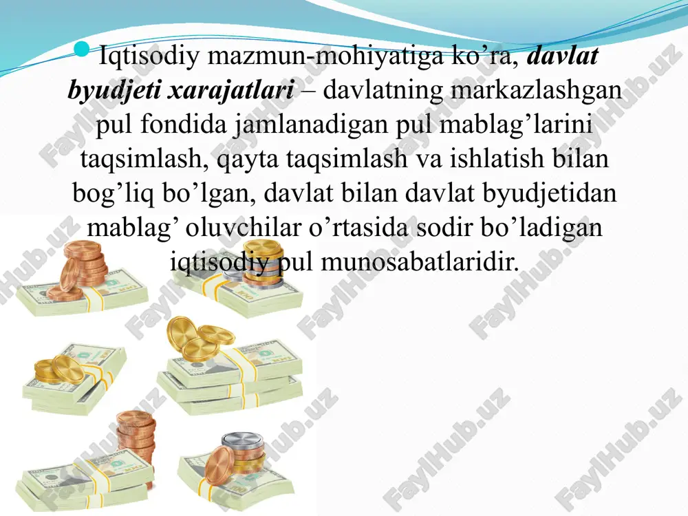 adigan moliyaviy mablag’lar kiradi. funksional tayinlanishiga (vazifa jihatidan) ko’ra, davlat byudjeti xarajatlari quyidagi guruhlar bo’yicha rejalashtiriladi va moliyalashtiriladi (ularning tarkibi o‘zbekiston respublikasi byudjet kodeksining 69-moddasi bilan belgilab qo’yilgan): 1. ijtimoiy soha va aholini ijtimoiy qo’llab-quvvatlash xarajatlari. 2. nodavlat notijorat tashkilotlari va fuqarolik jamiyatining boshqa institutlarini davlat tomonidan qo’llab-quvvatlash xarajatlari. 3. iqtisodiyot xarajatlari. 4. markazlashtirilgan investitsiyalarni moliyalashtirish xarajatlari. 5. davlat hokimiyati va boshqaruvi, adliya va prokuratura organlarini saqlab turish xarajatlari. 6. sudlarni saqlab turish xarajatlari. 7. fuqarolarning o’zini – o’zi boshqarish organlarini saqlab turish xarajatlari. 8. o‘zbekiston respublikasi vazirlar mahkamasi, qoraqalpog’iston respublikasi respublika byudjeti, viloyatlar viloyat byudjetlarining va toshkent shahri shahar byudjeti, tumanlar va shaharlar byudjetlarining zaxira jamg’armalari. 9. boshqa xarajatlar. hududiy belgisiga ko’ra,byudjet xarajatlari umumdavlat va mahalliy hokimiyat organlarining xarajatlariga bo’linadi. umumdavlat xarajatlari odatda davlat byudjetining respublika byudjetidan amalga oshiriladi va davlat ahamiyatidagi tadbirlarni moliyalashtirishga safarbar etiladi. mahalliy hokimiyat organlari esa hududiy va mahalliy ehtiyojlardan kelib chiqib, byudjet xarajatlarini qoraqalpog’iston …