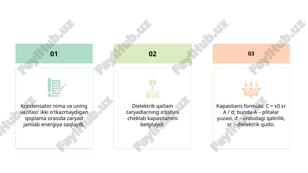 tizimlarida signal sifatini yaxshilash uchun ishlatiladi. fazoviy tarqatish: signal uzatish va qabul qilish jarayonlarida qo'llaniladi. kondensatorlar bu sohalarda muhim rol o'ynaydi va turli xil ilovalarda samarali ishlaydi. 01 35% film kondensatorlar: plastik film (polypropylene, polyester) dielektrik sifatida. 02 15% juda past yo‘qotishlar, keng temperatura diapazoni, mos narx. 03 50% qo‘llanishlari: audio-kapitsatsiya, quvvat ta’minoti quvvatini silliqlash. 01 elektrolitik kondensatorlar: katta kapatsita uchun mo‘ljallangan, polarizatsiya mavjud. 02 suyuqlik elektrolit yoki qattiq (solid) elektrolit mavjud. 03 asosiy qo‘llanilishi: filtrlar, quvvat silliqlashlari; yo‘nalish noto‘g‘ri bo‘lsa xavfli. # 01 tantalum elektrolitiklar: yuqori sifatli, yuqori xavfsizlik bilan moslashgan. 02 katta capacitance kichik hajmda; tortishuvli narx. 03 qattiq holatda sifatli ishlash, ammo qisqa tiqilishda yong‘in xavfi bo‘lishi mumkin. polimer elektrolitiklar: qattiq polimer elektrolitli variantlar. past esr, keng harorat diapazoni va yaxshiroq hayot muddati. xavfsizlik va tejamkorlik uni ko‘plab elektron qurilmalarda uchraydi. 01 02 03 # o'zgaruvchan kondensatorlar: rotor/ trimmer yoki moslamalarda capacitance ni sozlaydi. rf tunerlarda boyitish …