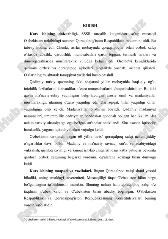 masalasi o‘zbek va qoraqalpoq ilm-fanida muhim yo‘nalishlardan biri hisoblanadi. mavzuga oid ilmiy tadqiqotlar tarix, siyosatshunoslik, huquqshunoslik va iqtisodiyot sohalarida amalga oshirilgan. xususan, o‘zbekiston respublikasi konstitutsiyasi (1992-yil) hamda qoraqalpog‘iston respublikasi konstitutsiyasi (1993-yil) ushbu hududning huquqiy maqomi va davlat-huquqiy asoslarini belgilovchi asosiy hujjatlar sifatida keng o‘rganilgan. akademik va professorlar a. a'zamxo‘jayev, m. jo‘rayev, r. berdimuratov, a. xolmatov, g. o‘temuratova kabi olimlarning asarlarida qoraqalpog‘istonning siyosiy-huquqiy maqomi, ijtimoiy-iqtisodiy rivojlanishi, madaniy mustaqillik masalalari tahlil qilingan. shuningdek, davlat mustaqilligi yillarida o‘zbekiston va qoraqalpog‘iston respublikasi o‘rtasidagi o‘zaro munosabatlar, federativ tuzilmaning ishlash mexanizmlari, parlament faoliyati va mahalliy boshqaruv masalalari ustida qator ilmiy maqolalar va nomzodlik, doktorlik dissertatsiyalari yozilgan. shunga qaramay, qoraqalpog‘iston respublikasining aynan mustaqillikdan keyingi yillardagi rivojlanish bosqichlari, huquqiy maqomining amalda qanday namoyon bo‘lgani, siyosiy va iqtisodiy mustaqillikning muhim ko‘rsatkichlari va dolzarb muammolariga bag‘ishlangan kompleks tahliliy yondashuv hali to‘liq shakllanmagan. shu bois ushbu mavzu o‘z dolzarbligini saqlab qolmoqda va chuqur tadqiqotga muhtoj. tadqiqot obyekti kurs ishining tadqiqot obyekti …
