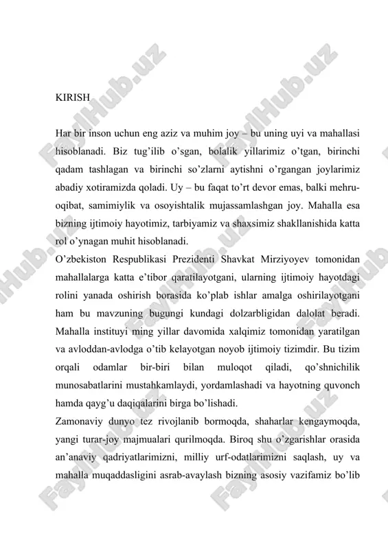 y qadriyatlari tizimida uy va mahalla alohida ahamiyatga ega. uy – bu oilaning ma’naviy markazi, bolalar tarbiyasi berilgan, milliy an’analar saqlanib qoladigan joy. mahalla esa oila va jamiyat o’rtasidagi ko’prik vazifasini bajaradi. u yerda odamlar bir-birini yaqindan biladi, bir-biriga hurmat bilan qarashadi, og’ir kunlarda yordamlashadi va bayram kunlarida birga quvonadi. mahalla hayotida halollik, saxiylik, mehribonlik, kattalarni hurmat qilish va kichiklarga mehribon bo’lish kabi fazilatlar alohida qadrlanadi. mahallada yashagan har bir odam o’zining xulq-atvori, ish-harakati bilan namoyon bo’ladi va unga ko’ra baholanadi. shuning uchun ham odamlar o’z obro’sini, nom-shuhratini asrashga harakat qilishadi. bizning ajdodlarimiz uy qurishga juda mas’uliyat bilan yondashganlar. uy joylashuvi, yo’nalishi, xonalarning tartibi – bularning barchasi ma’lum qoidalarga binoan amalga oshirilgan. uyning kirish qismi, mehmonxona, oshxona, yotoq xonalari hamda hovli – bularning har biri o’z vazifasiga ega bo’lgan. ayniqsa, hovli o’zbek uyining ajralmas qismi hisoblanadi. u yerda daraxt-butalar ekiladi, poliz va sabzavot yetishtiriladi, bolalar o’ynaydi. mahalla hayotida masjid muhim …