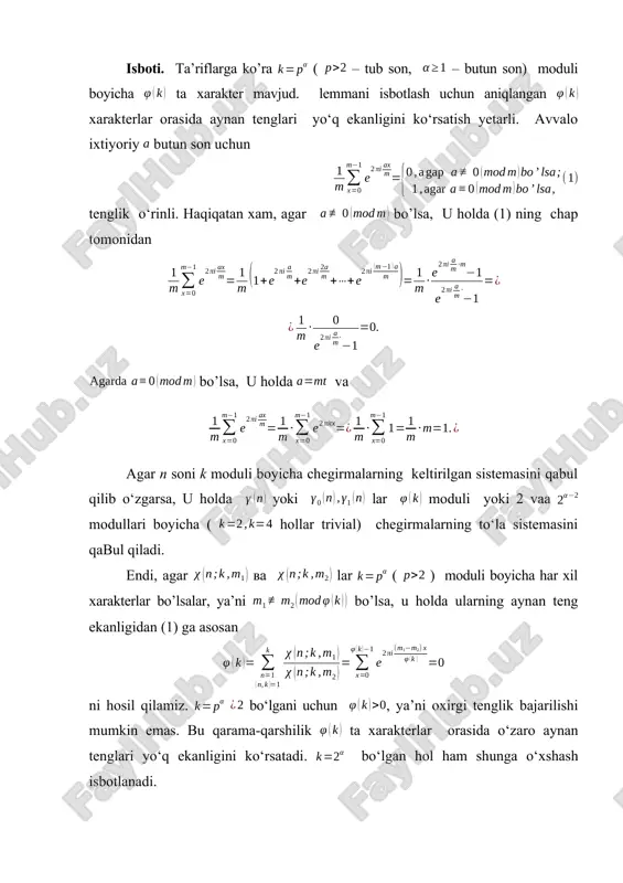 arakterlar boyicha olinadi. bu lemmaning isboti (1)- tenglik va 1-3 ta’riflardan kelib chiqadi ([6] ga qarang). primitiv xarakterlar va ularning xossalari. umuman olganda xarakterning eng kichik davri uning modulidan kichik bo’lishi mumkin. ko’pchilik tekshirishlarda primitiv (boshlang’ich) xarakterlar deb ataluvchi eng kichik davri uning moduliga teng xarakterlar muhim ahamiyatga ega. endi ana shunday xarakterlarni qaraymiz. 4-ta’rif. agar bo’lsa, u holda ( – tub son) moduli boyicha bosh xarakterga bo‘lmagan xarakterga primitiv xarakter deyiladi; agarda bo’lsa, – butun son ) moduli boyicha bosh xarakterdan farqli xarakterga primitiv xarakter deyiladi; 4 moduli boyicha bosh xarakterdan farqli xarakterga primitiv xarakter deyiladi. qolgan barcha xarakterlarga moduli boyicha hosilaviy xarakterlar deyiladi. 4-ta’rifdan moduli boyicha har bir hosilaviy xarakterga unga aynan teng bo‘lgan moduli boyicha primitiv xarakter mos kelishi kelib chiqadi. primitiv xarakterlar uchun ularning qiymatlari va gauss yig‘indisi ning qiymati orasidagi bog‘lanishni ifodalovchi quyidagi formula o‘rinli. 3-lemma. agar k moduli boyicha primitiv xarakter bo’lsa, u holda …