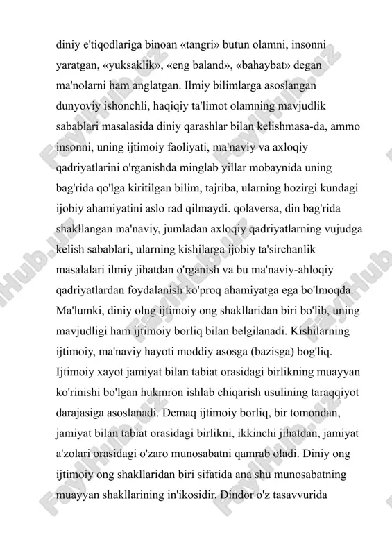 atadilar va buni asoslash, targ'ib qilish bilan shug'ullanadilar. diniy psixologiya – ruhiy holat bo'lib diniy mafkuradan ancha oldin vujudga kelgan. u oddiy dindorlarning his-tuyg'ulari bilan boghliq odatlari, kayfiyatlaridan tashkil topadi. diniy mafkura diniy psixik holatni g'oyalar bilan mustahkamlasa, bunisi diniy mafkurani his-tuyg'ular, odatlar vositasida chuqurlashtiradi. hozirgi davrda oddiy dindorlarning xatti-harakatlaridagi islomga xos bo'lmagan ibtidoiy dinlarning qoldiqlari bunga misol bo'la oladi. bularga pol ochirish, kinna soldirish, issiq-sovuq qildirish, va h.k.lar kiradi. dinning ta'rifi, uning tarkibiy qismlari, diniy ong darajalarini bilishning ilmiy, amaliy ahamiyati shundaki, u kishilar hayotidagi diniy va diniy bulmagan xarakatlarni bir-biridan farqlash, ularga alohidaalohida yondashish imkonini beradi. jamiyat moddiy hayot sharoitlarining ta'siri ostida vujudga kelgan din tarixiy va ijtimoiy shodisadir. u ijtimoiy taraqqiyotning muayyan bosqichida, ma'lum bir sabablarga binoan vujudga kelgan. diniy munosabatlar, birinchidan, har bir diniy jamoa, uyushma, tashkilotlar orasidagi, ikkinchidan, diniy tashkilotlar o'rtasidagi va uchinchidan, tashqi munosabatlar doirasidagi aloqalarga bo'linadi. bu aloqalarning ob'yekti va sub'yekti diniy jamoalardir, …