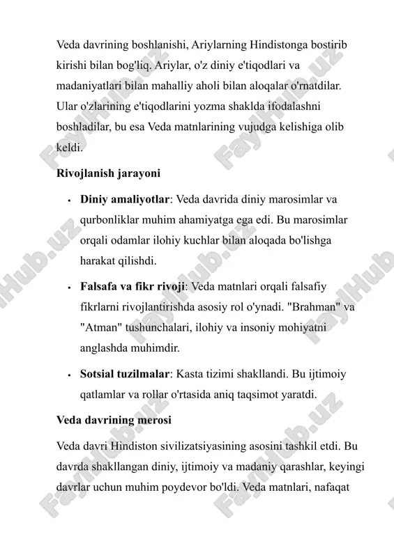 vjud deb ta'kidlashadi. · veda matnlarining shakllanishi: ariylar tomonidan yozilgan veda matnlari, o'zlarining diniy va madaniy g'oyalarini ifodalashda muhim vosita bo'ldi. ariylarning hindistonga bostirib kirishi, veda davrining asosiy jihatlarini shakllantirishda muhim rol o'ynadi. ularning kelishi, hind sivilizatsiyasining rivojida yangi yo'nalishlar ochdi va bu jarayonning ta'siri hozirgi kungacha davom etmoqda. olimlarning bu jarayon haqidagi fikrlari, tarixiy tadqiqotlar va arxeologik topilmalar orqali aniqroq aniqlanmoqda. veda davrida hindiston ijtimoiy-iqtisodiy va siyosiy jarayonlarining yoritilish tarixi ijtimoiy jarayonlar veda davrida ijtimoiy tuzilmalar va munosabatlar muhim o'zgarishlarga uchradi: · kasta tizimi: ariylarning kelishi bilan ijtimoiy struktura aniq belgilandi. kasta tizimi (varna) to'rtta asosiy guruhga ajratilgan: 1. brahmanlar (diniy rahbarlar va bilimdonlar) 2. kshatriylar (boshqaruvchilar va jangchilar) 3. vaishyallar (savdogarlar va qishloq xo'jaligi bilan shug'ullanuvchilar) 4. shudralar (xizmatchilar va xizmatkorlar) bu tizim ijtimoiy qatlamlar o'rtasidagi munosabatlarni belgilab berdi va hayotning har bir sohasini ta'sirladi. iqtisodiy jarayonlar veda davrida iqtisodiy faoliyatlar quyidagi jihatlarni o'z ichiga oldi: · qishloq …
