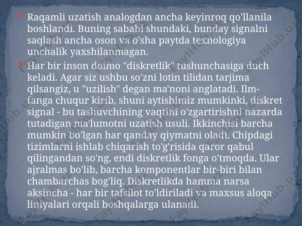 n zarurdir. yaratilish va shakllantirish ko'pincha signallarni ishlab chiqarish uchun analog-raqamli konvertor (adc) kerak bo'ladi.ko'pincha ularning ikkalasi faqat dsp texnologiyalaridan foydalangan holda qo'llaniladi. boshqa hollarda, faqat dac dan foydalanish mos keladi. raqamli usullardan keyingi foydalanish bilan jismoniy analog kodlarni yaratishda ular maxsus qurilmalardan uzatiladigan olingan ma'lumotlarga tayanadi. dinamik diapazon bu desibellarda ifodalangan yuqori va pastki tovush darajalari orasidagi farq sifatida hisoblanadi. bu butunlay ish va ishlash xususiyatlariga bog'liq. gap ham musiqiy treklar, ham odamlar o'rtasidagi oddiy dialoglar haqida bormoqda. agar, masalan, yangiliklarni o'qiyotgan diktorni oladigan bo'lsak, uning dinamik diapazoni 25-30 db atrofida o'zgarib turadi. va asarni o'qiyotganda, u 50 db gacha o'sishi mumkin. analog signal analog signal ma'lumotlarni uzatishning vaqt bo'yicha uzluksiz usulidir. uning kamchiligi shovqinning mavjudligi bo'lib, ba'zida ma'lumotlarning to'liq yo'qolishiga olib keladi. juda tez-tez shunday holatlar mavjudki, kodning qayerda muhim ma'lumotlar ekanligini va odatiy buzilishlar qayerda ekanligini aniqlash mumkin emas. aynan shuning uchun raqamli signalni qayta ishlash katta …