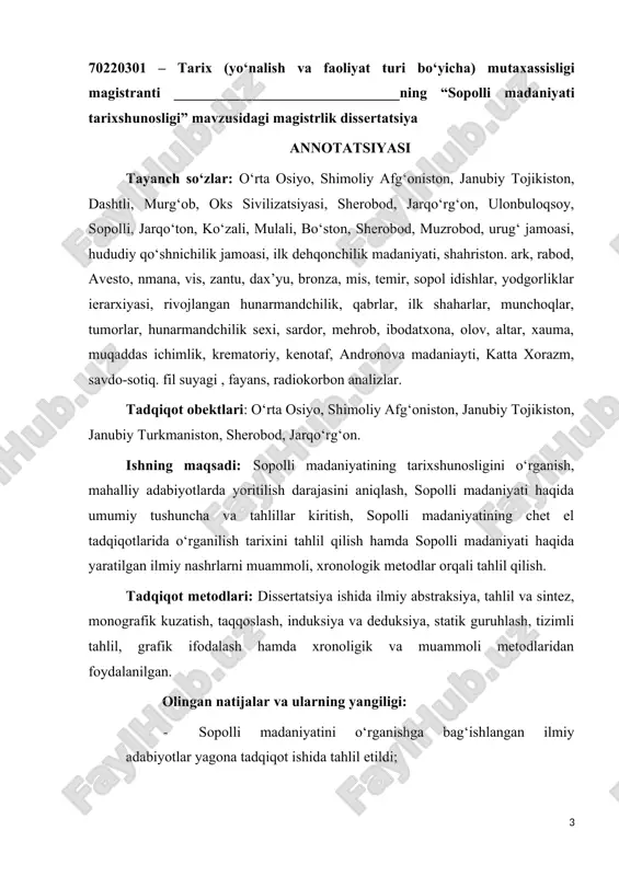 barcha manbalar xronologiyasi ishlab chiqildi; · chet et olimlari asosan nemis va olmon, fransuz hamda chexiyalik, amerikaliklar tomonidan olib borilgan arxeologik izlanishlarning umumiy xulosa va takliflarini jamlandi; · labaratoriya tahlillari va arxeologik izlanishlar natijasida qo‘lga kiritilgan manbalar holati va saqlanish sharoitlari haqida umumiy xulosa va takliflar ishlab chiqildi; amaliy ahamiyati: tadqiqot natijasida ishlab chiqilgan ilmiy taklif va amaliy tavsiyalar o‘rta osiyoda bronza davri yodgorliklari tarixi haqida umumiy tarixshunoslik maktabini yaratish va keng ko‘lamda foydalanish mumkin. tadqiq etish darajasi: tadqiqot jarayonida ishlab chiqilgan xulosa va takliflar termiz davlat universiteti “arxeologiya va manbashunoslik” fakulteti tomonidan hududlardagi muzey va ilmiy markazlarda shuningdek terdu universiteti fakultetlarida ilmiy amaliy tajriba muhitini yaxshilash uchun tavsiya etiladi. qo‘llash sohasi: o‘zbekiston respublikasi davlat muzeylari, davlat uiversitetlari, ilmiy maktablar, ilmiy anjumanlar, o‘rta maxsus o‘quv yurtlari. anatation "the historiography of sopolli culture" master’s dissertation on the topic keywords: central asia, northern afghanistan, southern tajikistan, dashtli, murgob, ox civilization, sherabod, jarqorgon, …