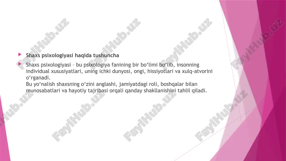 o‘rganadi. shaxsiyat esa insonning o‘ziga xosligini, hayotiy tajriba va qadriyatlar tizimini ifodalaydi. har bir inson o‘z shaxsiyati orqali: jamiyatda o‘z o‘rnini topadi; axloqiy va ma’naviy qadriyatlarni shakllantiradi; o‘zini anglaydi va rivojlantiradi. xulosa: shaxsiyatning rivojlanishi – insonning ruhiy kamoloti va jamiyat taraqqiyotining asosi hisoblanadi. e’tiboringiz uchun rahmat /docprops/thumbnail.jpeg
