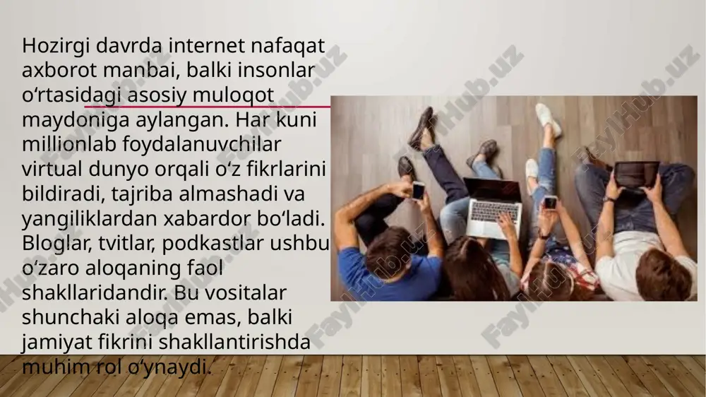 bloglar orqali fikrlarini erkin ifodalab, o‘z jamoat fikrlarini shakllantiradilar. siyosiy va ijtimoiy masalalar bo‘yicha bloglarda olib borilgan muhokamalar, yangi g‘oyalar va qarashlarning shakllanishiga yordam beradi. bu esa ijtimoiy o‘zgarishlarga va demokratik jarayonlarga ijobiy ta’sir ko‘rsatadi. tvitlar – qisqa va tezkor axborot almashishning samarali vositasi hisoblanadi. twitter platformasida odamlar o‘z fikrlarini 280 ta belgidan iborat qisqa xabarlar orqali ifodalaydilar. tvitlar tezkorlikni ta’minlaydi va foydalanuvchilar o‘rtasida haqiqiy vaqtda muloqot qilish imkonini yaratadi. ular ko‘pincha yangiliklar, fikr almashish yoki fikrlarni tezda keng auditoriyaga yetkazish uchun ishlatiladi. tvitlar global miqyosda fikr almashishni tezlashtiradi. ko‘plab mashhurlar, siyosatchilar va kompaniyalar tvitlar orqali o‘z fikrlarini yoki xabarlarini tarqatishadi. tvitlar ijtimoiy, siyosiy va madaniy masalalarni global miqyosda muhokama qilish imkonini yaratadi. bu orqali ijtimoiy tarmoqlarda ommaviy fikrlarni shakllantirish va aksiyalarni tashkil qilish mumkin. podkastlar – audio va video shaklida taqdim etilgan, ma’lum mavzularda suhbatlar yoki ma’ruzalar. bu kommunikatsiya vositasi yordamida odamlar o‘z fikrlarini tinglovchilar bilan bo‘lishadilar. podkastlar orqali …