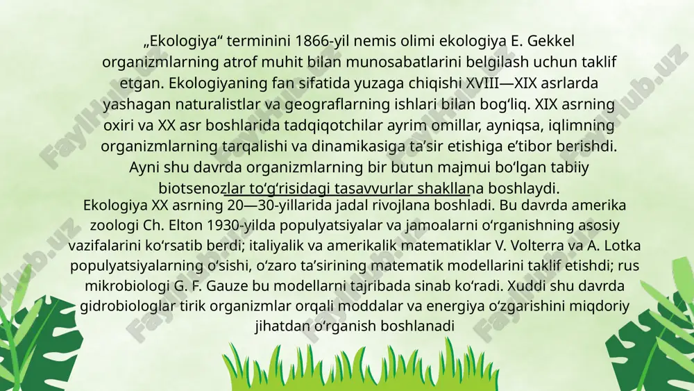 ni olish bu borada oʻzbekiston prezidentining 2021-yil 30-dekabrdagi “respublikada koʻkalamzorlashtirish ishlarini jadallashtirish, daraxtlar muhofazasini yanada samarali tashkil etish chora-tadbirlari toʻgʻrisida”gi farmoni bilan mamlakatimiz ekologiya sohasida keng koʻlamli islohotlarni yanada chuqurlashtirish boʻyicha qator dolzarb vazifalar belgilab berildi. butun mamlakat miqyosida “yashil makon” umummilliy loyihasi doirasida daraxtlarni ekish va parvarish qilish sohasidagi boshqaruv tizimini takomillashtirish, ilmiy yondashuvlar asosida hududlarning tuproq-iqlim va boshqa xususiyatlarini aniqlashga qaratilgan tadqiqot va tahlillarni amalga oshirish hamda buning natijasida hududlar kesimida respublika xaritasini ishlab chiqish, koʻchatxonalar sonini koʻpaytirish shular jumlasidan. farmon bilan davlat oʻrmon fondiga kirmaydigan daraxt va butalar qimmatbaho navlarining kesilishiga moratoriyning amal qilishi muddatsiz davrga uzaytirildi. moratoriy talablarini buzganlik uchun maʼmuriy jarimalar miqdori besh barobar, oʻsimlik dunyosiga yetkazilgan zarar summalari ikki barobar oshirildi. respublikamizda ekotizimlarni himoya qilish va tiklash, koʻkalamzorlashtirish ishlarini jadallashtirish va yashil maydonlarni kengaytirish borasida “yashil makon” umummilliy loyihasining amalga oshirilishi bu borada muhim qadam boʻldi. ushbu loyiha doirasida yiliga 200 million tup daraxt …