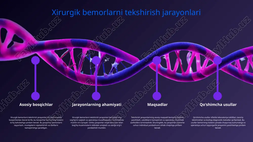 ntgen, ultratovush va kompyuter tomografiyasi kabi texnologiyalar orqali ichki organlarning holatini ko'rishga imkon beradi. ularning afzalliklari aniq tasvirlar olish va kasalliklarni vizual ravishda o'rganishdir. funktsional diagnostika esa bemorlarning organlar va tizimlar faoliyatini baholashga yordam beradi, masalan, ekg yoki spirometriya. bu usulning kuchli tomonlari tezkor natijalar va noaniqliklarni aniqlashdir, lekin ba'zi hollarda qo'shimcha tadqiqotlar talab qilinishi mumkin. qo'shimcha usullarni qo'llashda e'tibor berilishi kerak bo'lgan jihatlar xirurgik bemorlarni tekshirishda qo'shimcha usullarni qo'llashda xavfsizlik, samaradorlik va bemorlarning individual xususiyatlariga e'tibor berish juda muhimdir. bemorlarning individual holatlari, ularning yoshiga, jinsiga va umumiy sog'lig'iga qarab, usullarni tanlashda muhim rol o'ynaydi. shuningdek, birgalikda qo'llaniladigan usullarning afzalliklari, masalan, diagnostikani yaxshilash va davolash jarayonini tezlashtirish kabi, bemorlar uchun ijobiy natijalar berishi mumkin. xirurgik tekshirish: zamonaviy yondashuvlar ta'rif va ahamiyat xirurgik tekshirish - bu bemorlarning holatini baholash va operatsiya uchun tayyorgarlik ko'rish jarayonidir. ushbu jarayonning ahamiyati shundaki, u bemorning sog'liq holatini yaxshilash, operatsiya muvaffaqiyatini ta'minlash va komplikatsiyalarni kamaytirishga yordam …