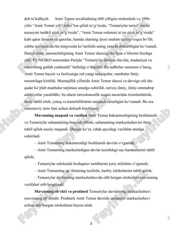 akatlarini tahlil qilish; – temuriylar sulolasida boshqaruv tartiblarini joriy etilishini o’rganish; – amir temurning qo’shinining tuzilishi, harbiy islohotlarini tahlil qilish; – temuriylar davlatining markazlashuvida olib borgan islohotlari mavzuning vazifalari etib bergilandi. mavzuning ob’ekti va predmeti temuriylar davlatining markazlashuvi mavzuning ob’ektidir. predmeti amir temur davrida saltanatni markazlashuvi uchun olib borgan islohotlarni bayon etish. [1: karimov i.a. amir temur qaqida suz. tashkent, "uzbekistan", 1996.] [2: mirziyoyev sh.m. yangi o‘zbekiston strategiyasi. – toshkent: “o‘zbekiston” nashriyoti, 2021. b.464.] kurs ishining hajmi kirish, ikkita bob, besh paragraf, xulosa va foydalanilgan adabiyotlardan iborat. i bob. amir temurning tarixiy shaxs sifatidagi shakllanishi 1.1. yoshligi va tarbiyasi amir temur shabon oyining yigirma beshinchi sanasi, hijriy yetti yuz oʻttiz oltinchi yilda (8.04.1336), oʻn ikki hayvonli turk yilligiga koʻra sichqon yilida kesh shahri yaqinidagi xo'ja ilg'or qishlogʻida tug’ilgan. amerikalik tarixchi beatrice forbes manz xonim temurbekning tugʻilgan yilini oʻn toʻrtinchi yuz yillikning yigirmanchi yillariga toʻgʻri kelishini kabi oʻz ikkilanishli qarashlarini oldinga …