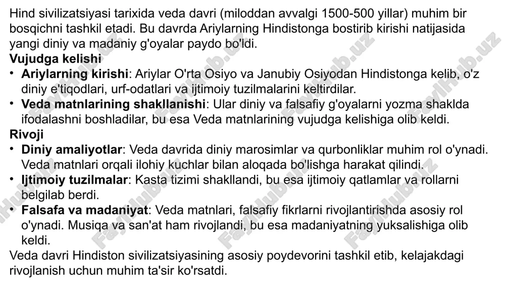 qish va yo’naltirish. 02 03 kundalik amaliyotlar: oila va jamiyat hayotida ritualning o’rni va ta'siri. veda davrida ijtimoiy tuzilmalar aniq belgilandi: kasta tizimi: ariylarning kelishi bilan ijtimoiy tuzilmalar, asosan, kasta tizimi orqali shakllandi. bu tizim to'rtta asosiy guruhdan iborat: brahmanlar (diniy rahbarlar) kshatriylar (jangchilar va boshqaruvchilar) vaishyallar (savdogarlar va dehqonlar) shudralar (xizmatkorlar) bu tizim ijtimoiy qatlamlar va rollarni belgilab berdi, har bir guruh o'z vazifalarini bajarishga majbur edi. iqtisodiy jarayonlar veda davrida iqtisodiy faoliyatlar ham rivojlandi: qishloq xo'jaligi: qishloq xo'jaligi asosiy iqtisodiy faoliyat bo'lib, arpa, bug'doy, va boshqa ekinlar yetishtirildi. dehqonchilik va chorvachilik muhim ahamiyatga ega edi. savdo va tijorat: savdo aloqalari kengaydi, mahalliy va xalqaro savdo yo'llari orqali tovarlar almashinuvi kuchaydi. bu davrda savdo-sotiq ijtimoiy hayotni rivojlantirishda muhim rol o'ynadi. hunarmandchilik: metall ishlash, to'qimachilik va boshqa hunarmandchilik sohalari rivojlandi. mahalliy ustalar o'z ishlab chiqarishlarini kengaytirdilar. siyosiy jarayonlar siyosiy tuzilmalar va hokimiyatning shakllanishi veda davrida muhim rol o'ynadi: mahalliy boshqaruv: …