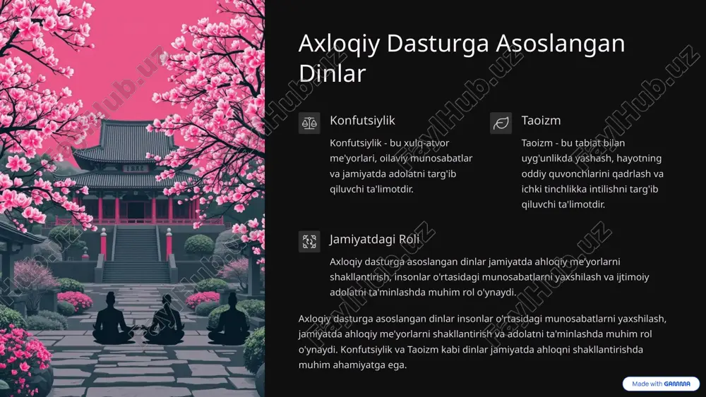 ur'on, tavrot va veda kabi muqaddas matnlar dinlarning asosiy manbalari hisoblanadi. makkai mukarrama, quddus va varansi kabi muqaddas joylar ziyoratgohlar hisoblanadi. namoz, ro'za va haj kabi ritullar dinlarning asosiy amallaridir. 8 dinlarning global ro‘li muloqot va tushunish dinlar o'rtasida muloqot va tushunish zarurati. tinchlikka erishish tinchlikka erishishda dinlarning mas'uliyati. zamonaviy muammolar dinlarning zamonaviy ijtimoiy muammo va nizolardagi roli. dinlarning global ro'li dunyo dinlari o'rtasida muloqot va tushunishni, tinchlikka erishishda dinlarning mas'uliyatini va dinlarning zamonaviy ijtimoiy muammo va nizolardagi rolini o'z ichiga oladi. dinlar o'rtasidagi muloqot va tushunish tolerantlik va tinchlikni ta'minlashda muhim ahamiyatga ega. 9 xulosa umumiy ko'rinish dunyo dinlari tasnifining umumiy ko'rinishi. o'zaro bog'liqlik din va madaniyat o'rtasidagi o'zaro bog'liqlik. tolerantlik tolerantlik va dinlararo tushunishning ahamiyati. dunyo dinlari tasnifi din va madaniyat o'rtasidagi o'zaro bog'liqlikni ko'rsatadi. tolerantlik va dinlararo tushunish dunyoda tinchlik va barqarorlikni ta'minlashda muhim ahamiyatga ega. dinlar o'rtasidagi muloqot va hamkorlik ijobiy natijalarga olib kelishi mumkin. 10 …